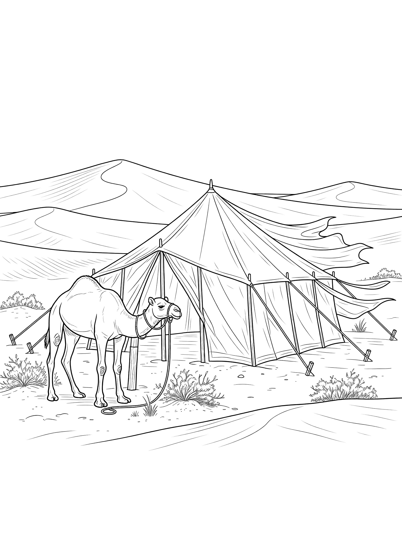 Black-and-white coloring page of a traditional nomad tent flapping in Sahara Desert wind with a tied camel grazing near sand dunes.