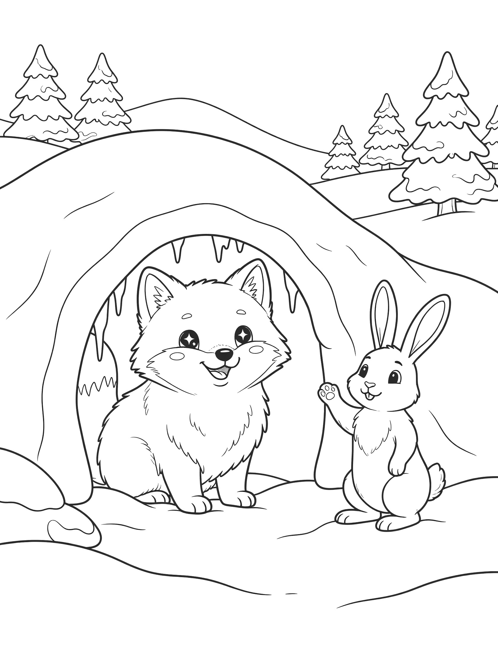 Kawaii line art coloring page showing arctic fox with big eyes and fluffy body peeking from curved snow burrow entrance with icicles, next to waving arctic hare, snow drifts, hills, and trees at the North Pole.