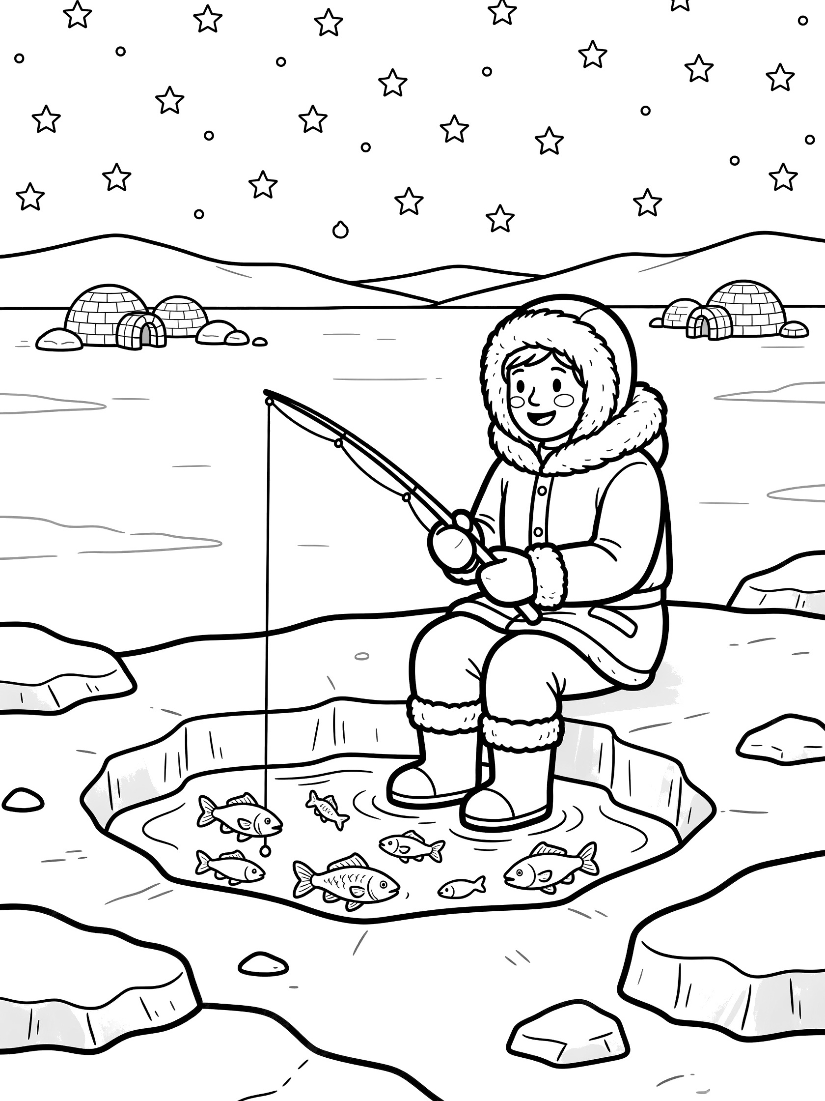 Line art coloring page showing cheerful explorer in winter clothes sitting by jagged ice fishing hole at the North Pole, rod in dark water with fish, surrounded by snow, igloos, hills, and stars