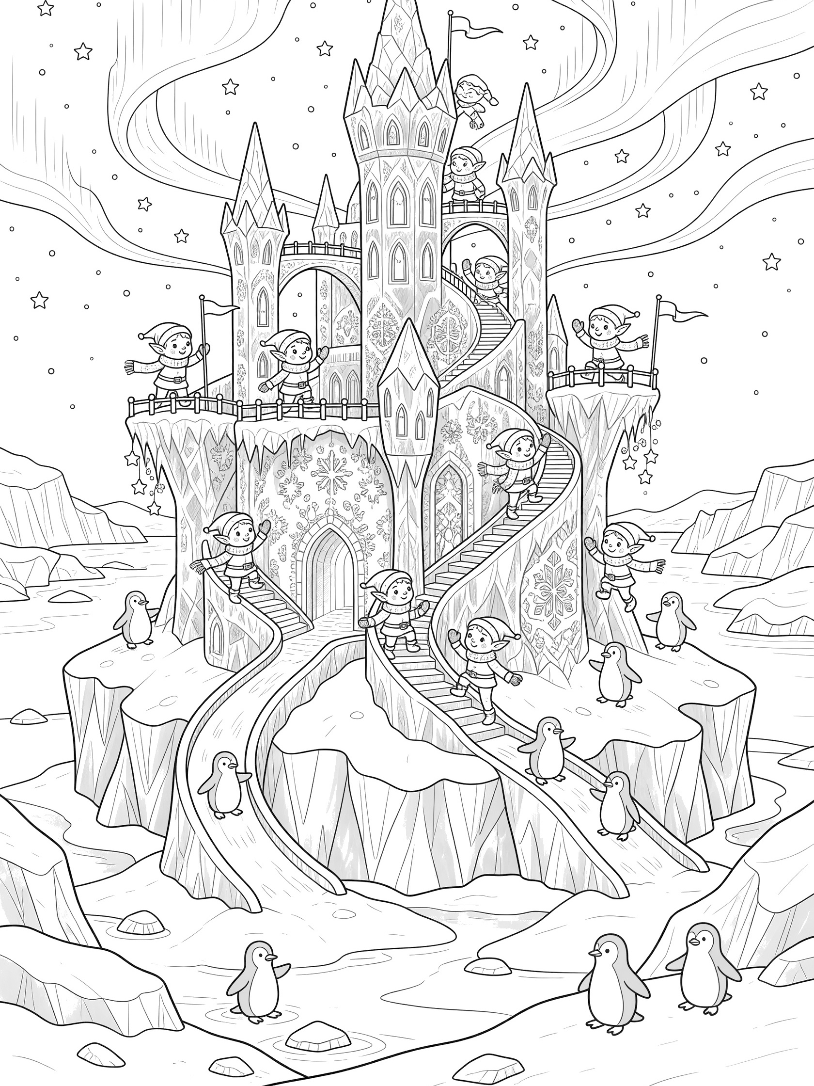 Black and white line art of a North Pole iceberg castle with pointy spires, elves on spiral stairs and balconies, penguins on ramps, ice chunks, and northern lights in the sky.