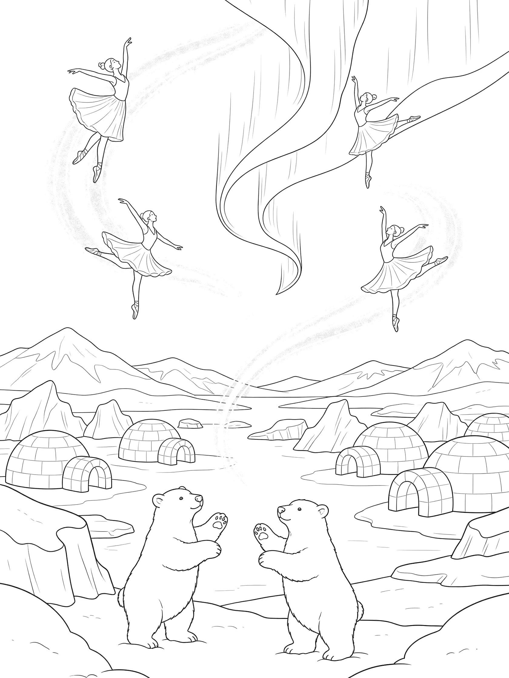 Printable coloring page showing North Pole scene with ethereal Northern Lights in ballerina poses, polar bears dancing on hind legs, igloos, icebergs and distant snowy mountains under starry sky.