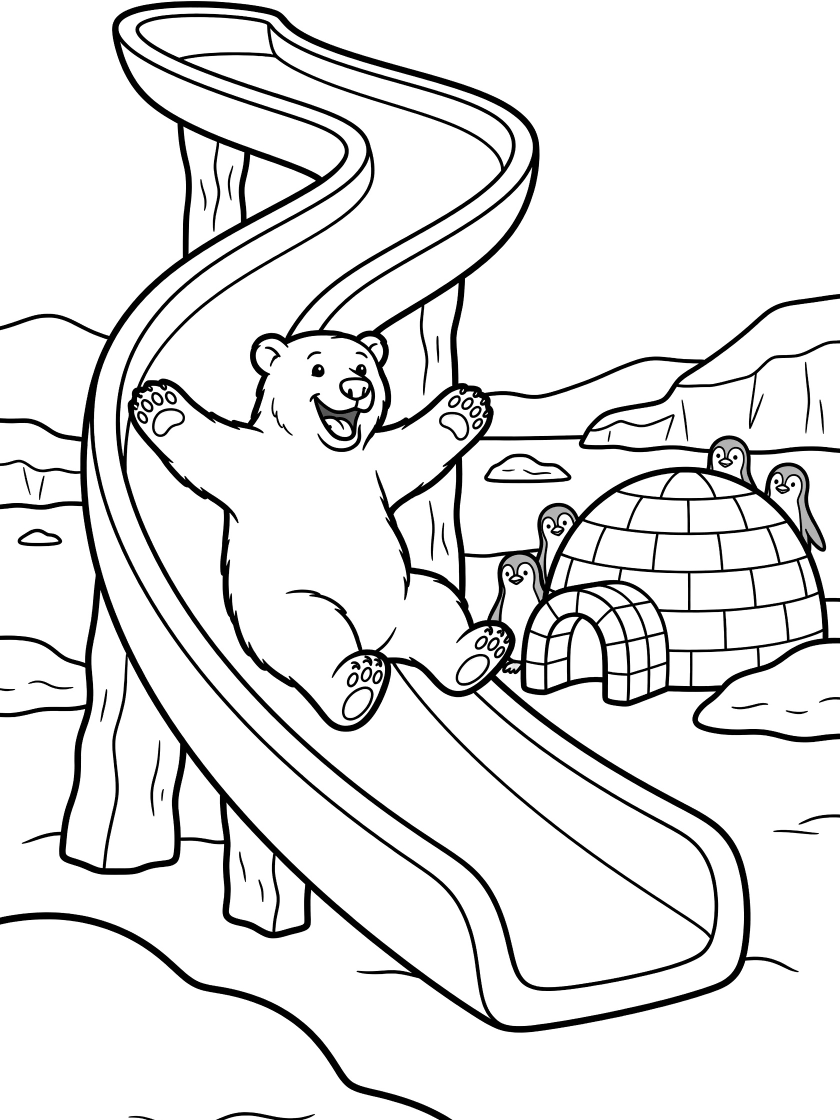 Line art coloring page showing a joyful polar bear sliding down a tall twisty ice slide at the North Pole, with paws out, big smile, penguins peeking from igloo, and arctic snow scene.