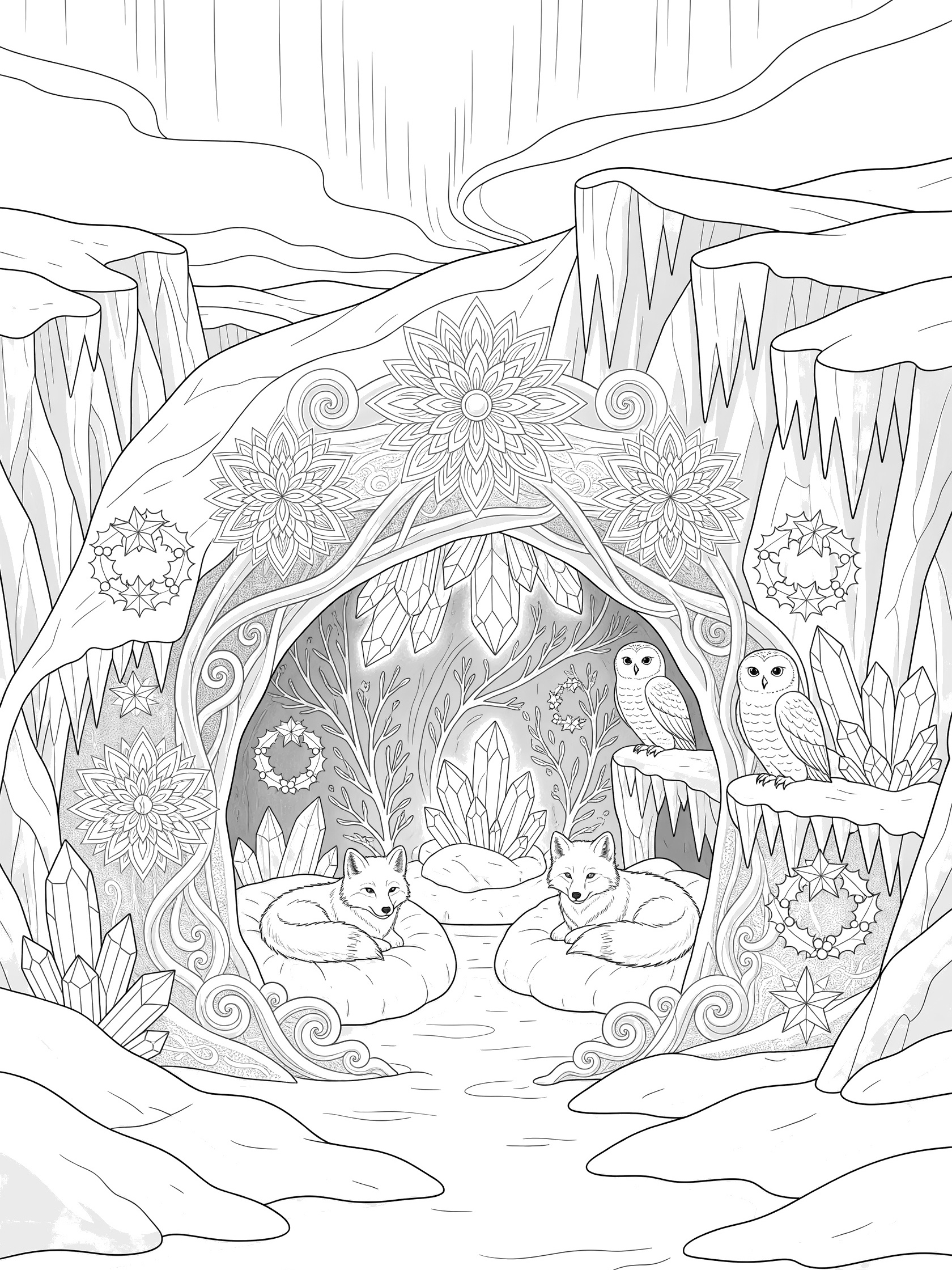 Black and white line art of a North Pole snow cave hideaway with symmetric ice patterns, arctic foxes on snow beds, owls, glowing crystals, and snowy entrance.