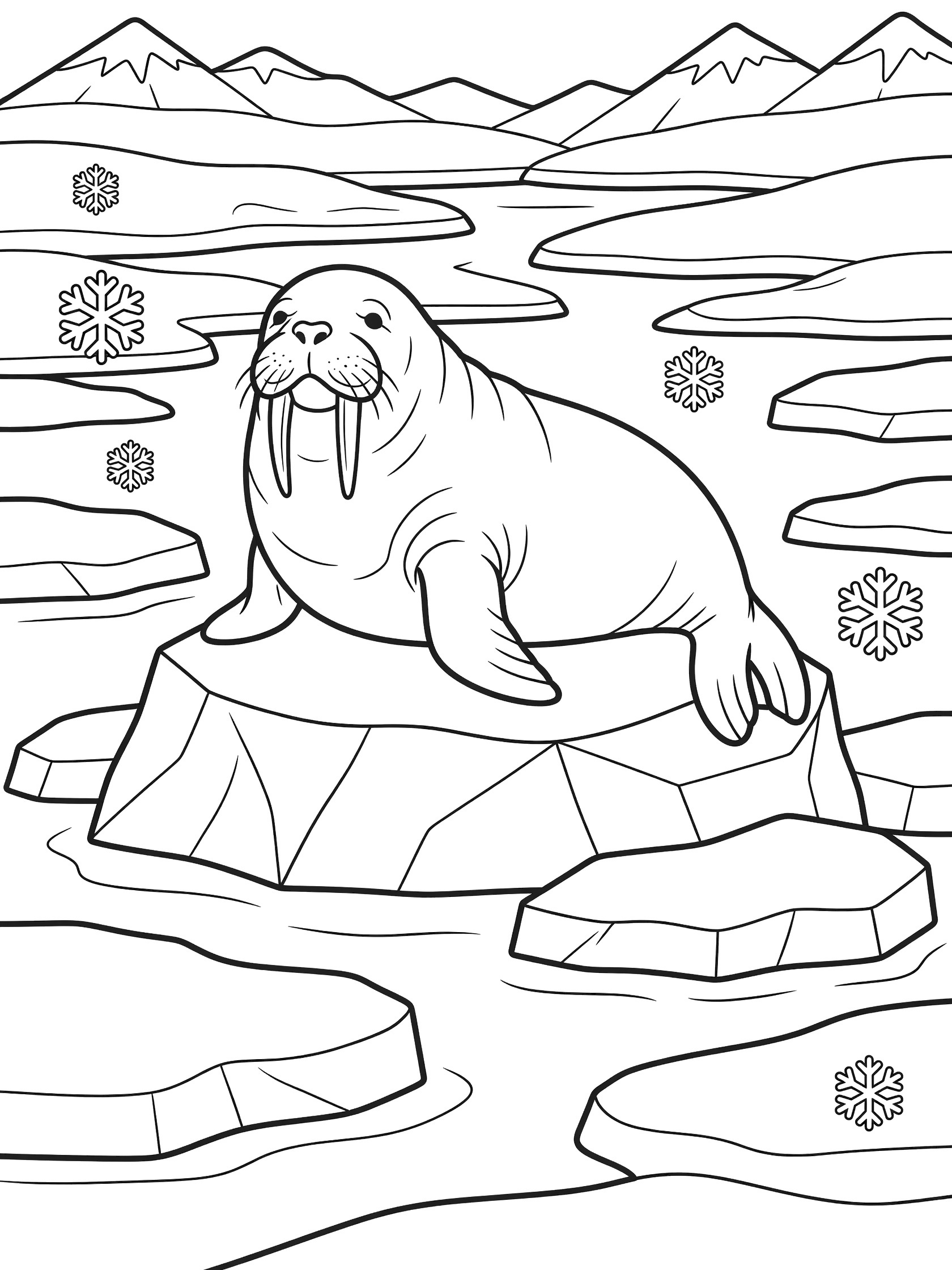 Black and white line art coloring page of a plump walrus lounging on a geometric rock at the North Pole with ice chunks, snowy peaks, and falling snowflakes.