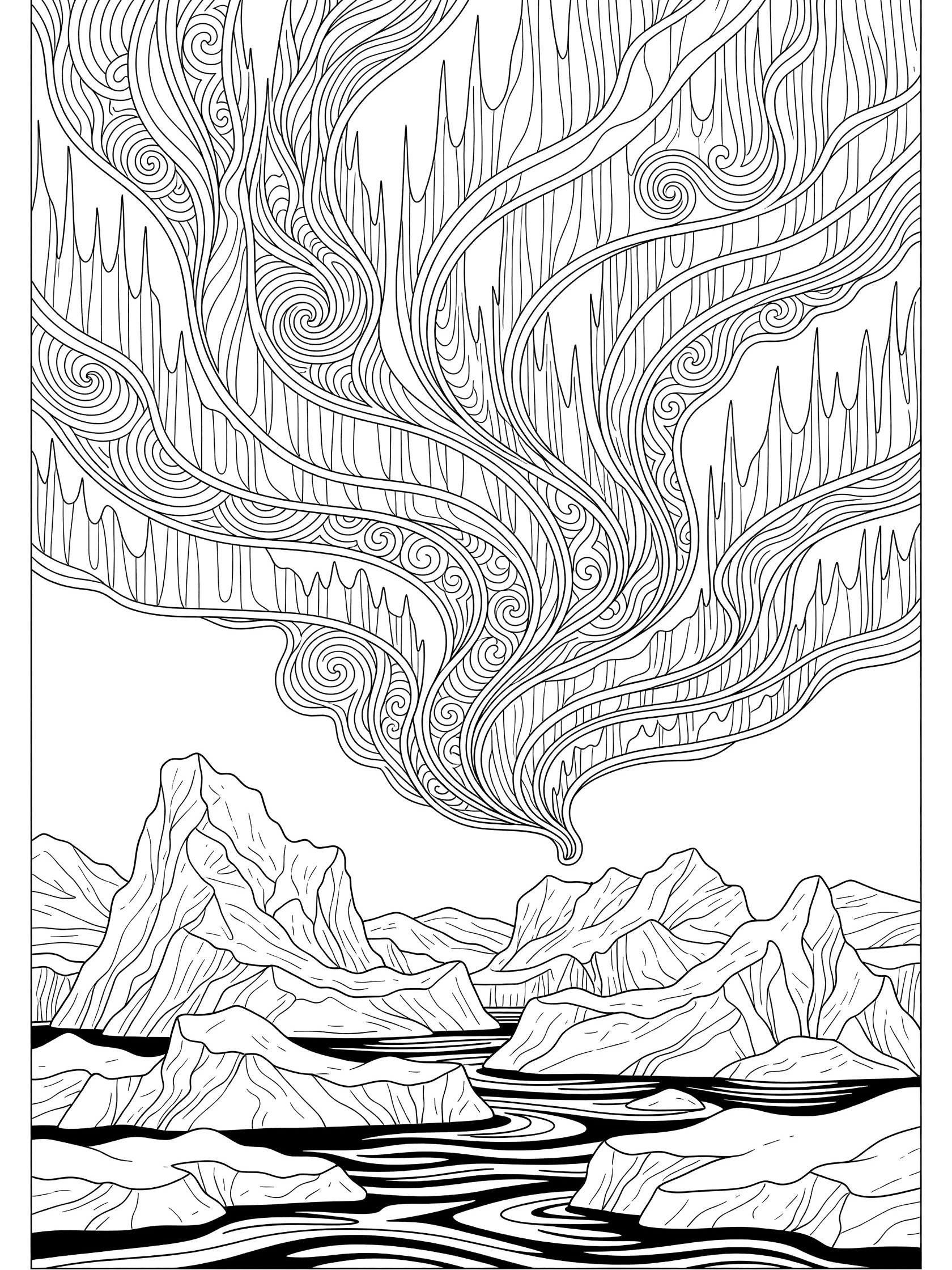Black and white line art coloring page of elaborate swirling northern lights above icy mountains with icebergs in dark water. Aurora Borealis themed black and white printable line art