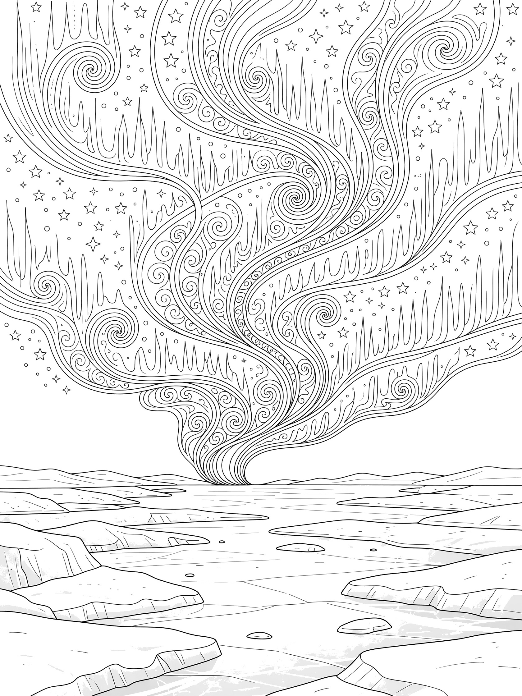 Black and white line art coloring page of wavy northern lights tendrils curling around star clusters above a rocky icy plain with ice patches.