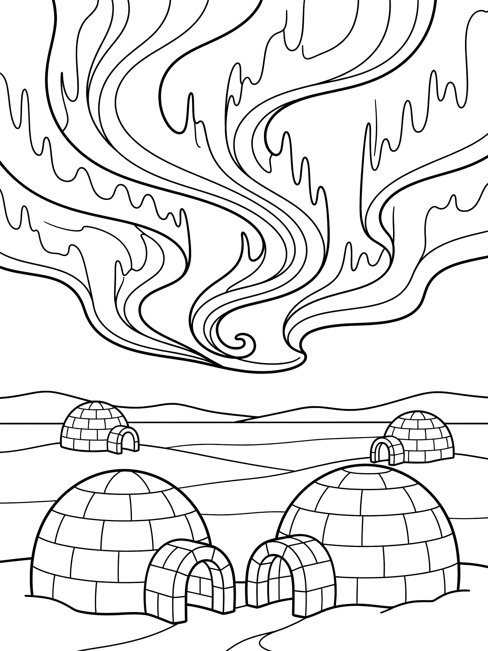Black and white line art coloring page of dome-shaped igloos with blocky snow walls on a flat snowy ground under wavy swirling lines in the sky representing northern lights. Aurora Borealis themed black and white printable line art
