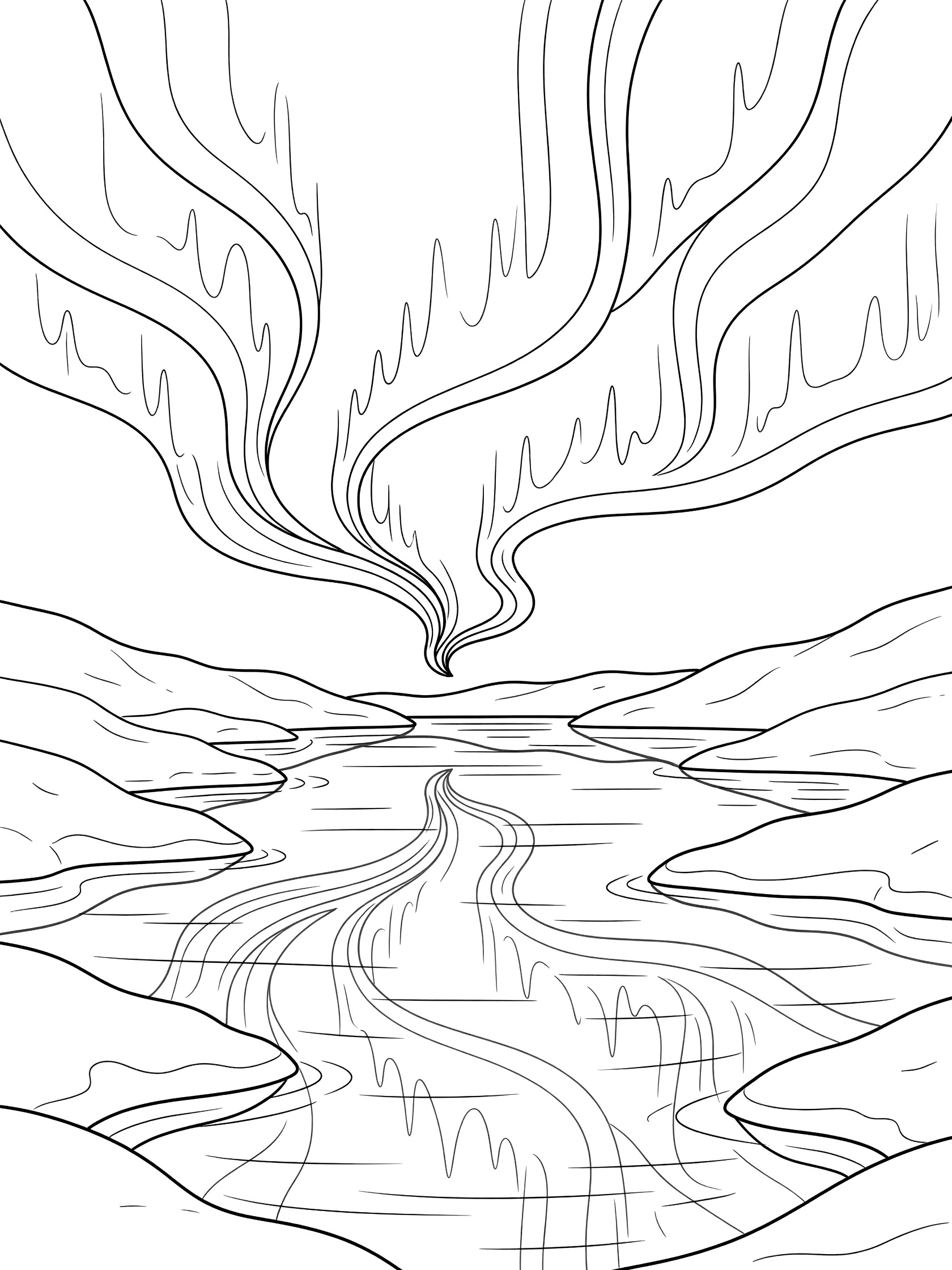 Black and white line art coloring page showing wavy northern lights above a rippling lake surrounded by snowy hills