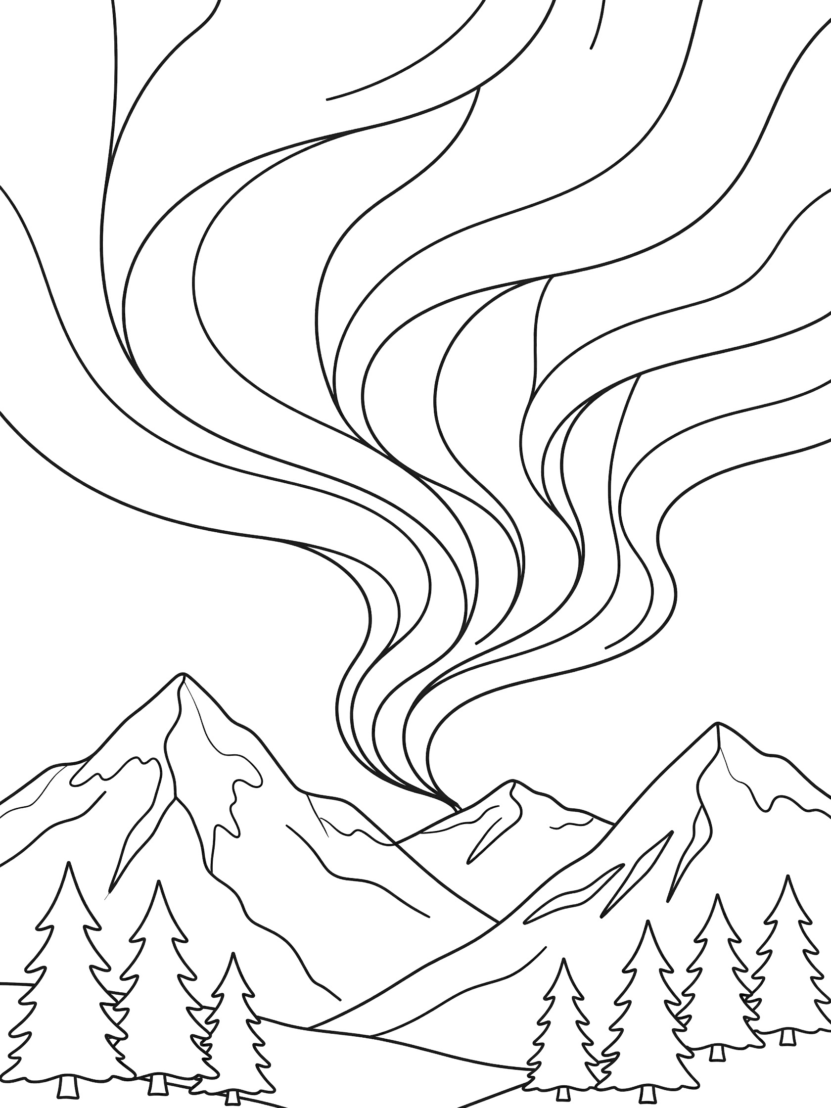 Black and white line art coloring page of swirling aurora borealis waves filling the sky over pointy snowy mountains with pine trees in front.