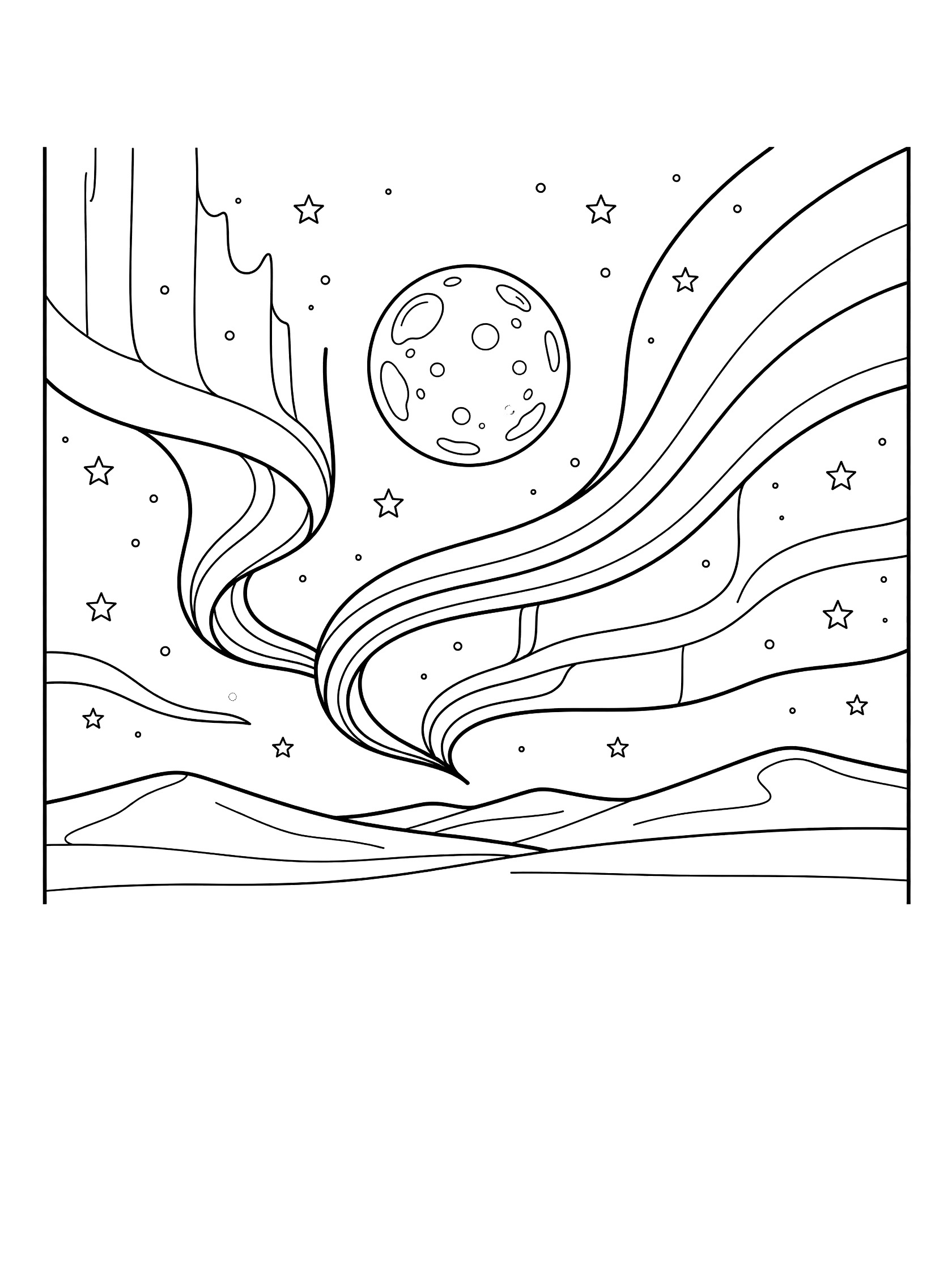 Black and white line art coloring page showing wavy northern lights ribbons, large full moon, scattered stars, and rolling hills below