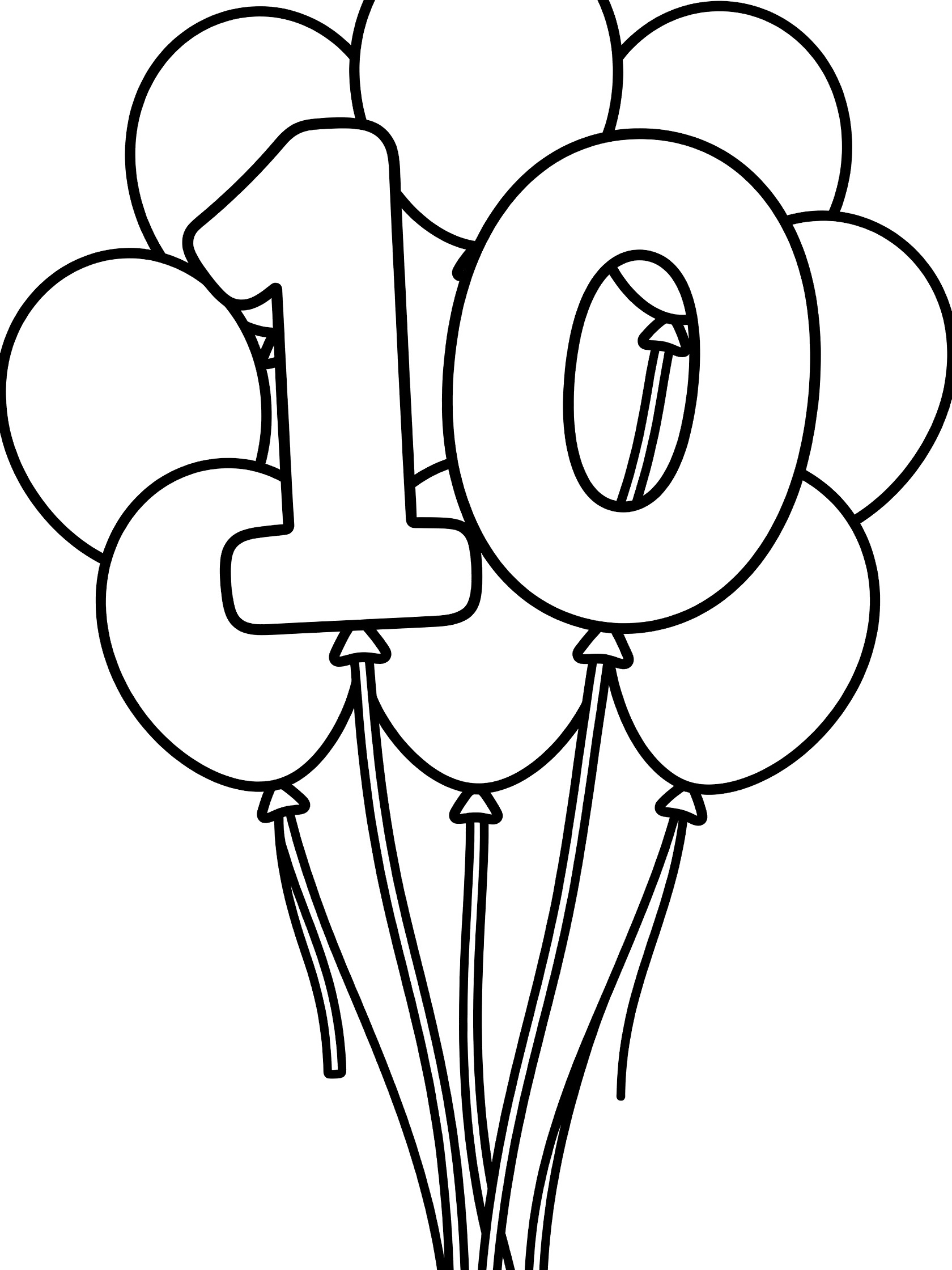 Black and white coloring page showing balloons forming the number 10 with ribbons hanging down. 100th Birthday themed black and white printable line art