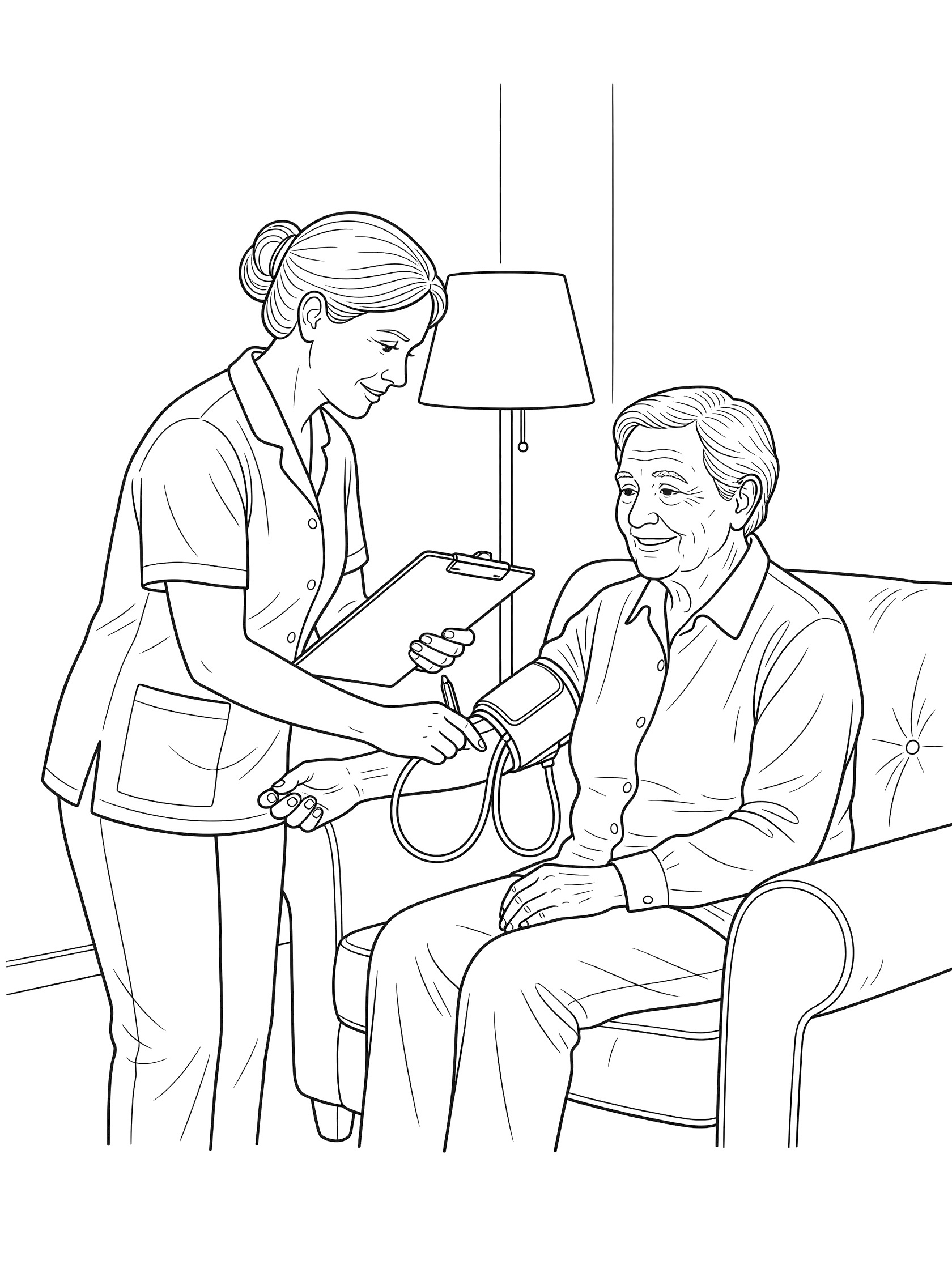Black and white line art of a nurse using a blood pressure cuff on a seated elderly man's arm in a living room with couch and lamp, holding a clipboard.