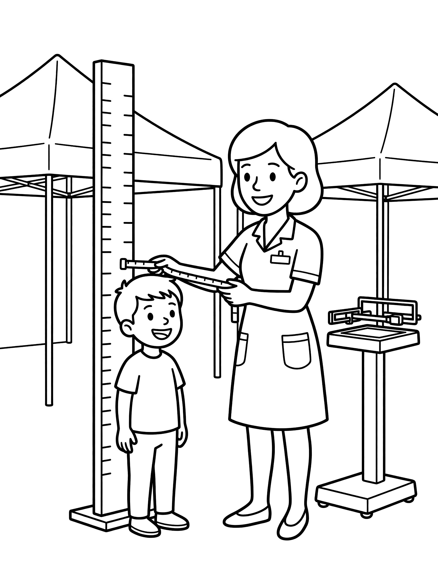 Black and white line art of a smiling nurse measuring a boy's height against a tall growth chart stand at a health fair, with tents and scale nearby.