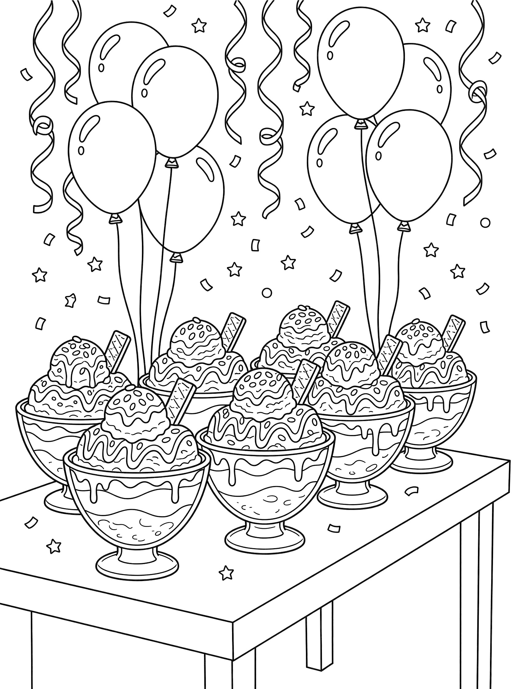 Black-and-white coloring page of glass bowls with tall ice cream sundaes topped with nuts, caramel, and wafers on a party table surrounded by balloons and streamers.