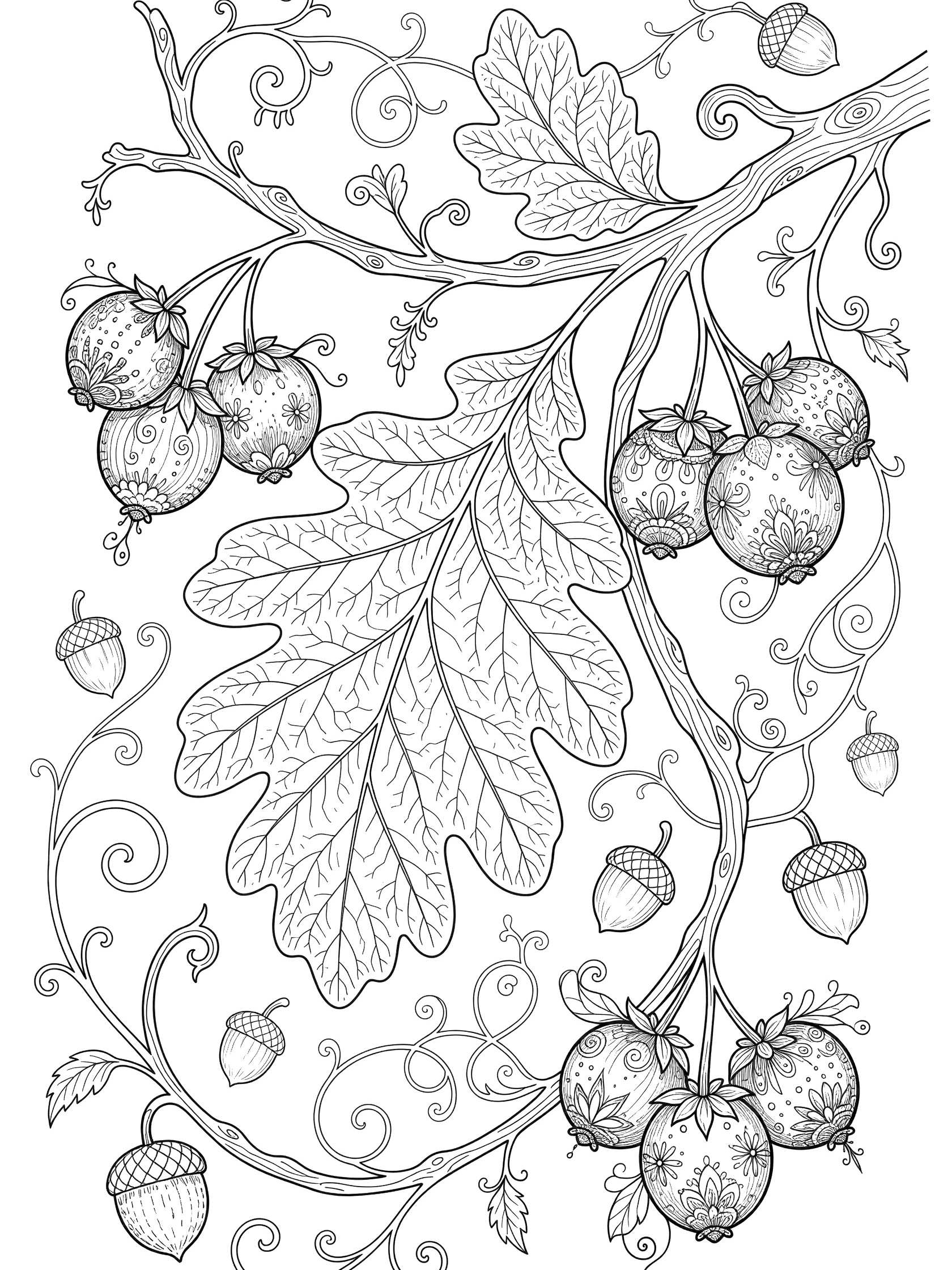 Whimsical line art coloring page showing a large oak leaf on a twisting twig branch with clusters of berries, swirling vines, and acorns in the background.