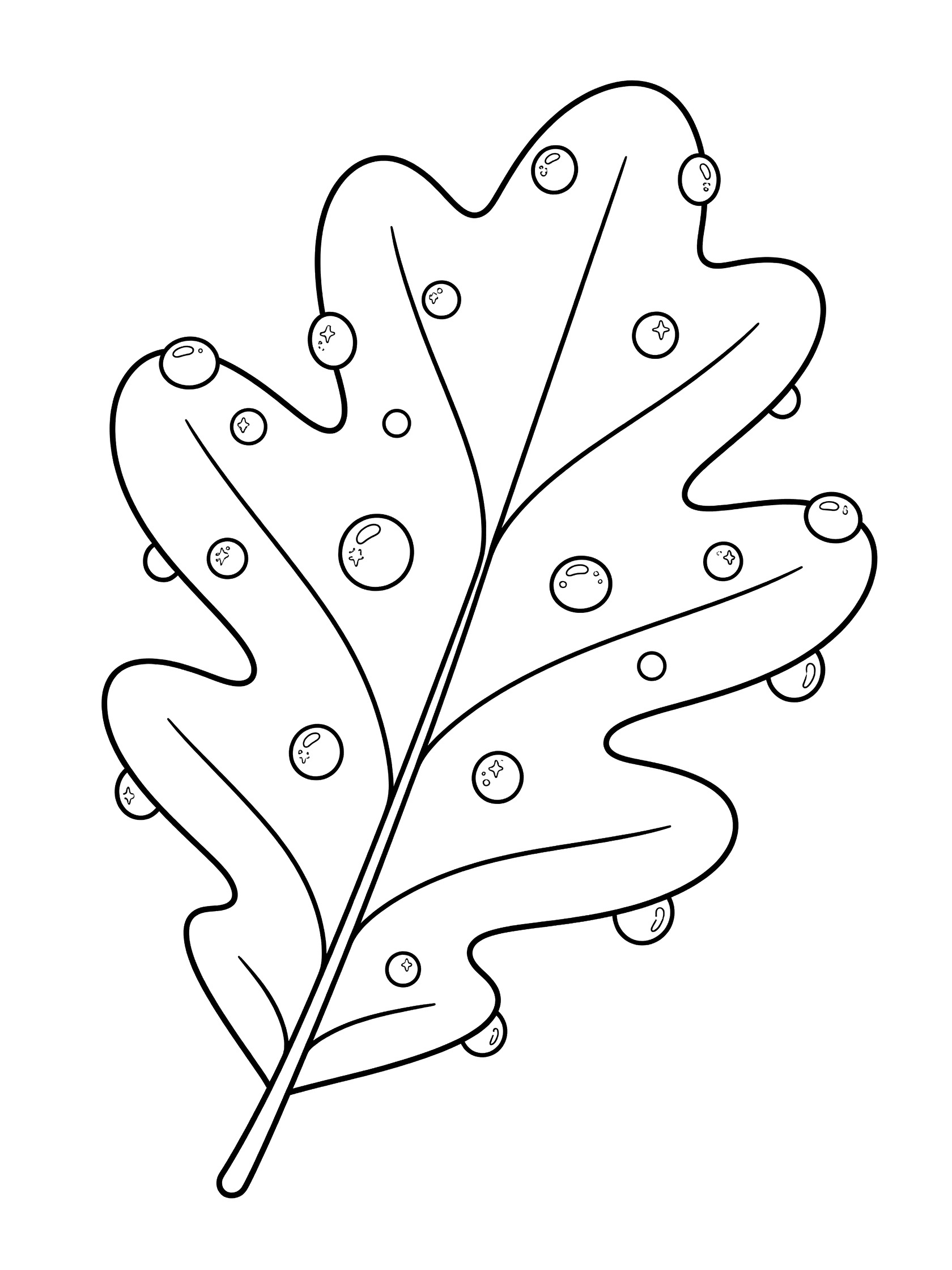 Black and white line art coloring page showing a detailed oak leaf with many round dew drops on its surface and edges.
