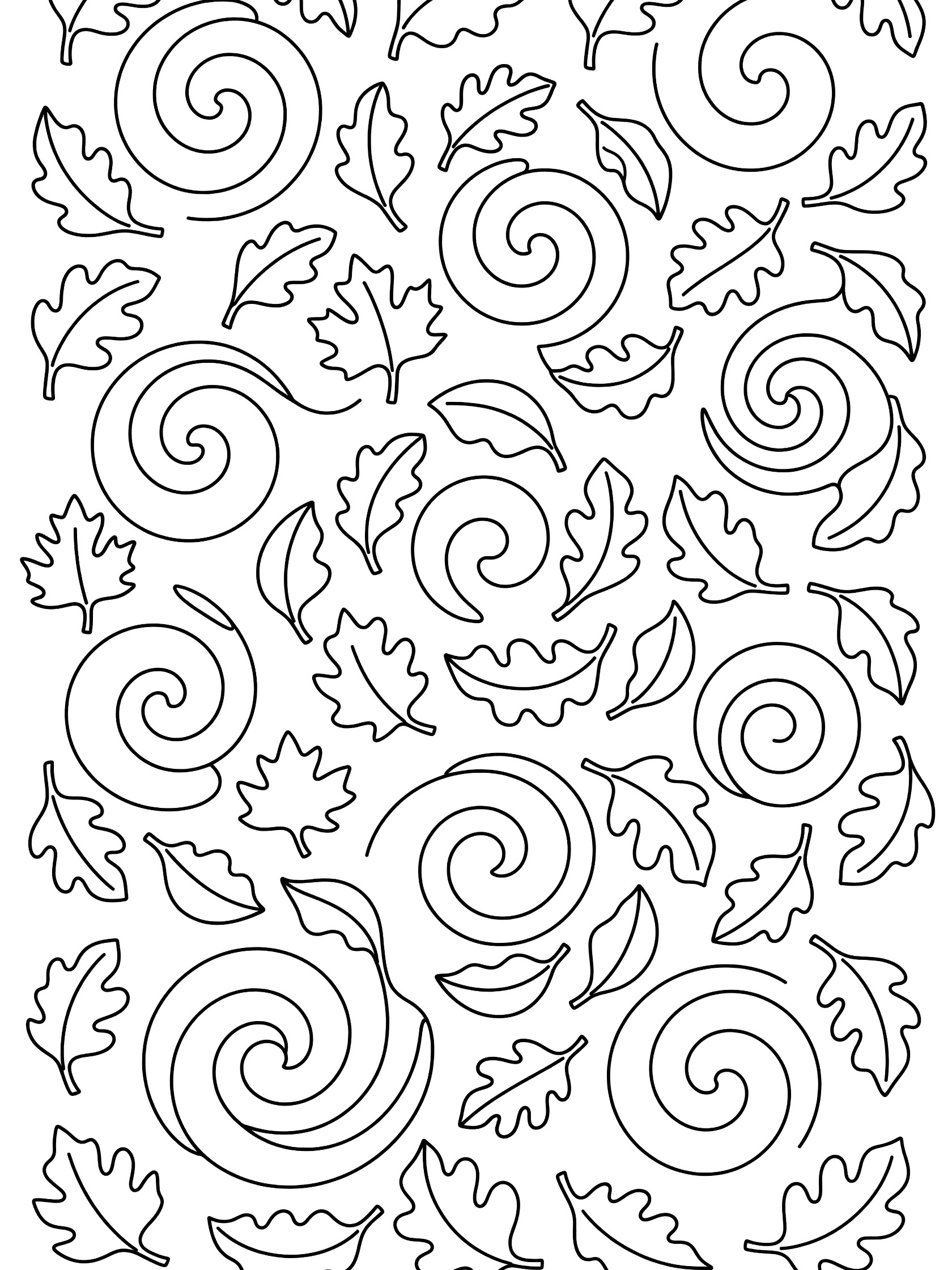 Black and white line art coloring page of oak leaves swirling in repeating patterns across the page