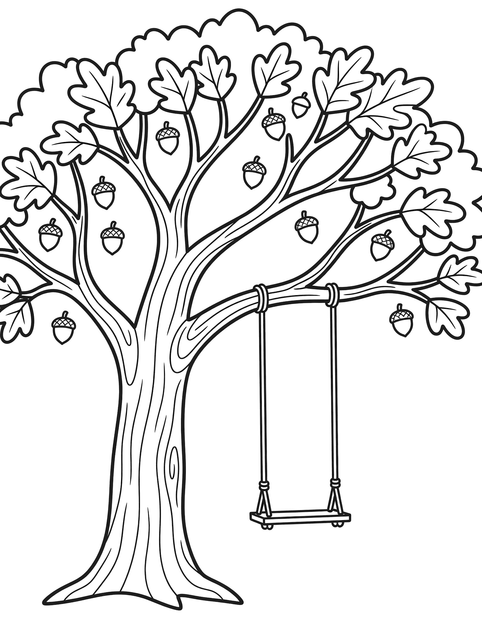Printable coloring page showing a sturdy oak tree with curved branches, many acorns, leaves, and a rope swing hanging from a branch.