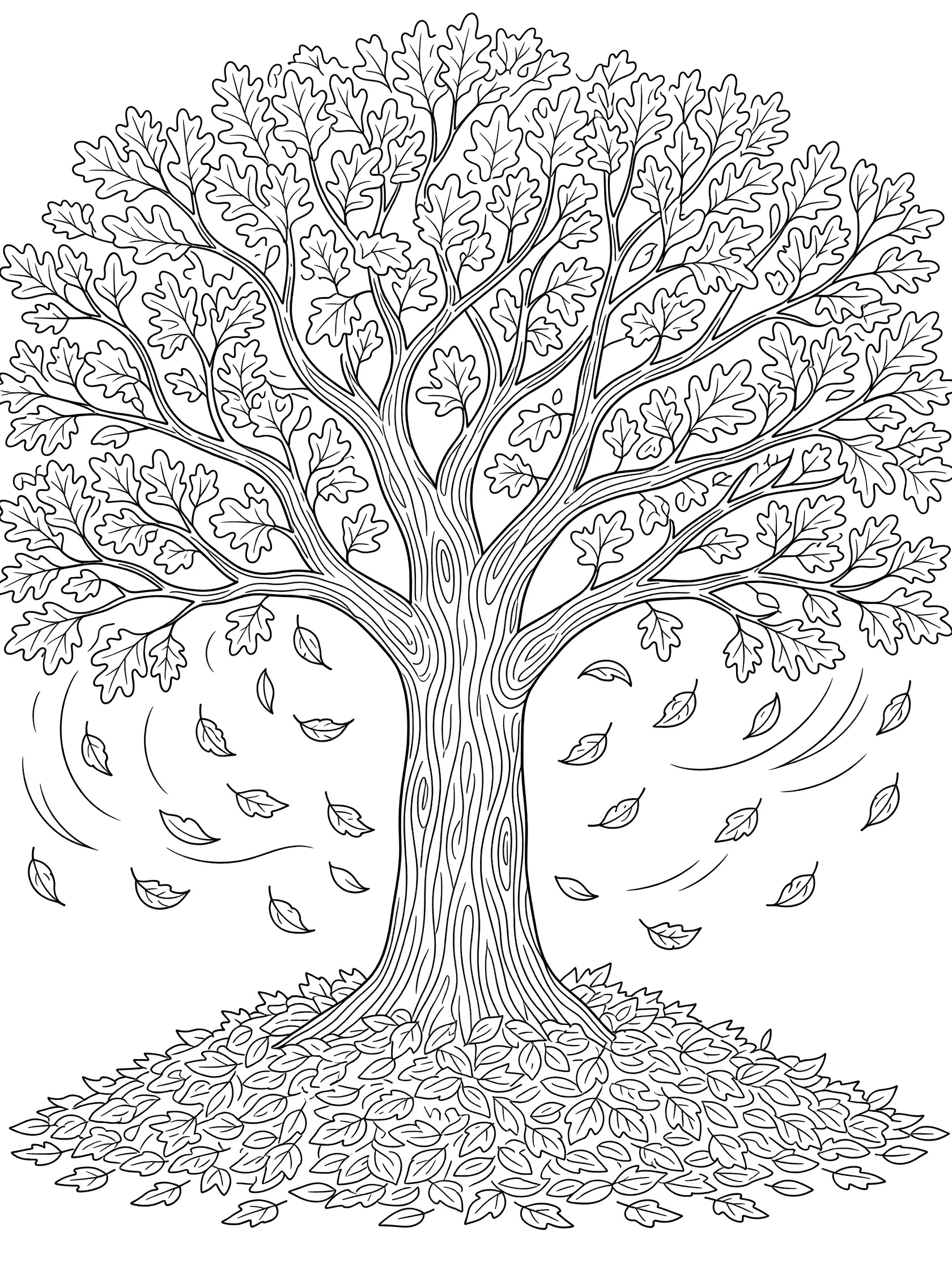 Black and white line art of an oak tree with swirling falling leaves around branches and thick trunk, leaves piled at base, coloring page