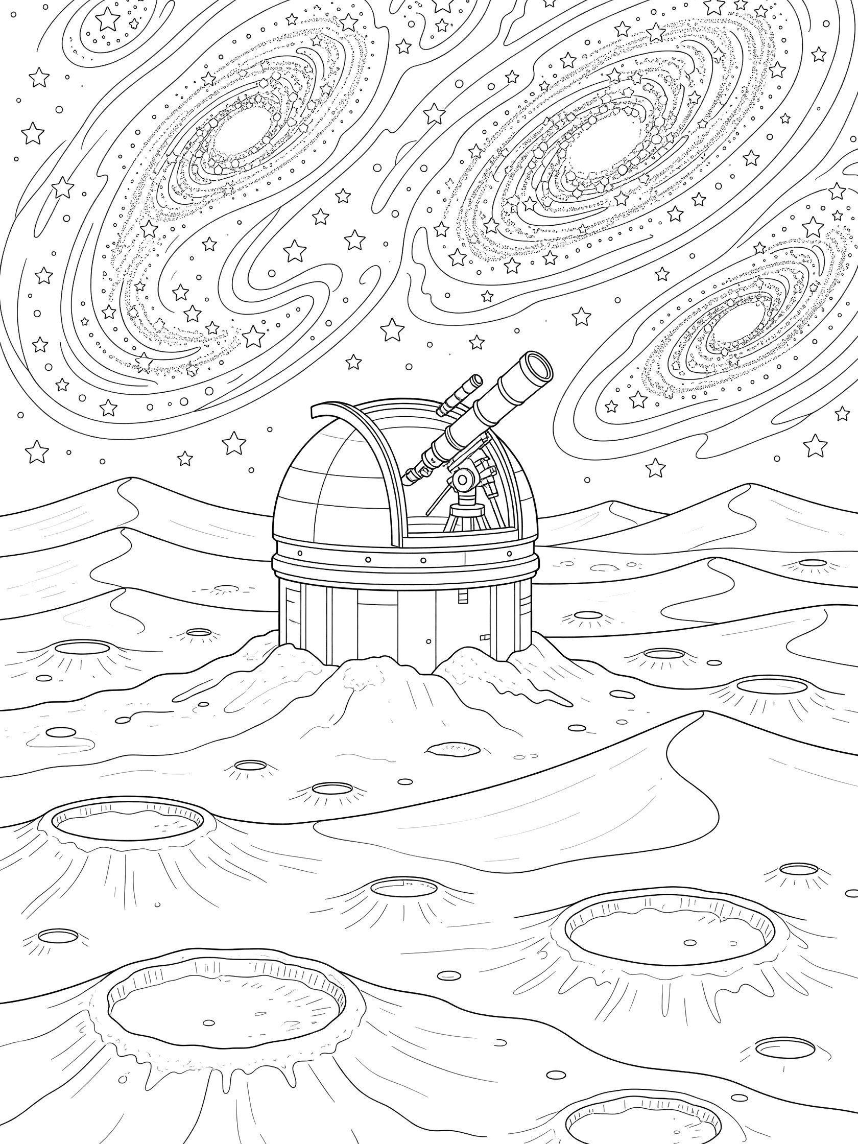 Black-and-white coloring page showing a telescope observatory dome on Mars polar cap with open roof revealing galaxies and stars, surrounded by icy dunes and craters