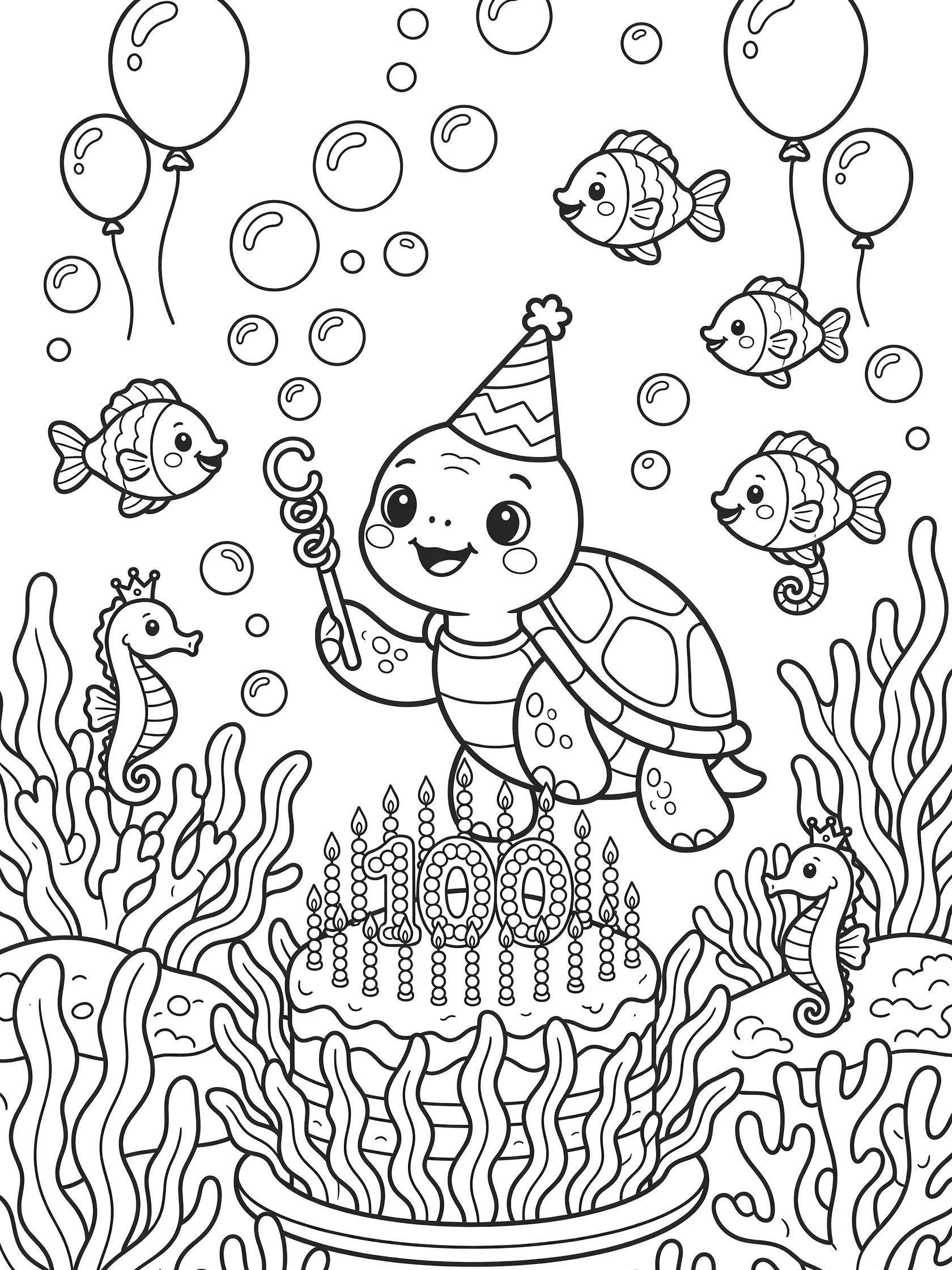 Kawaii turtle in party hat blowing bubbles at its 100th birthday ocean party coloring page with fish, seahorses, seaweed cake, and balloon bubbles.