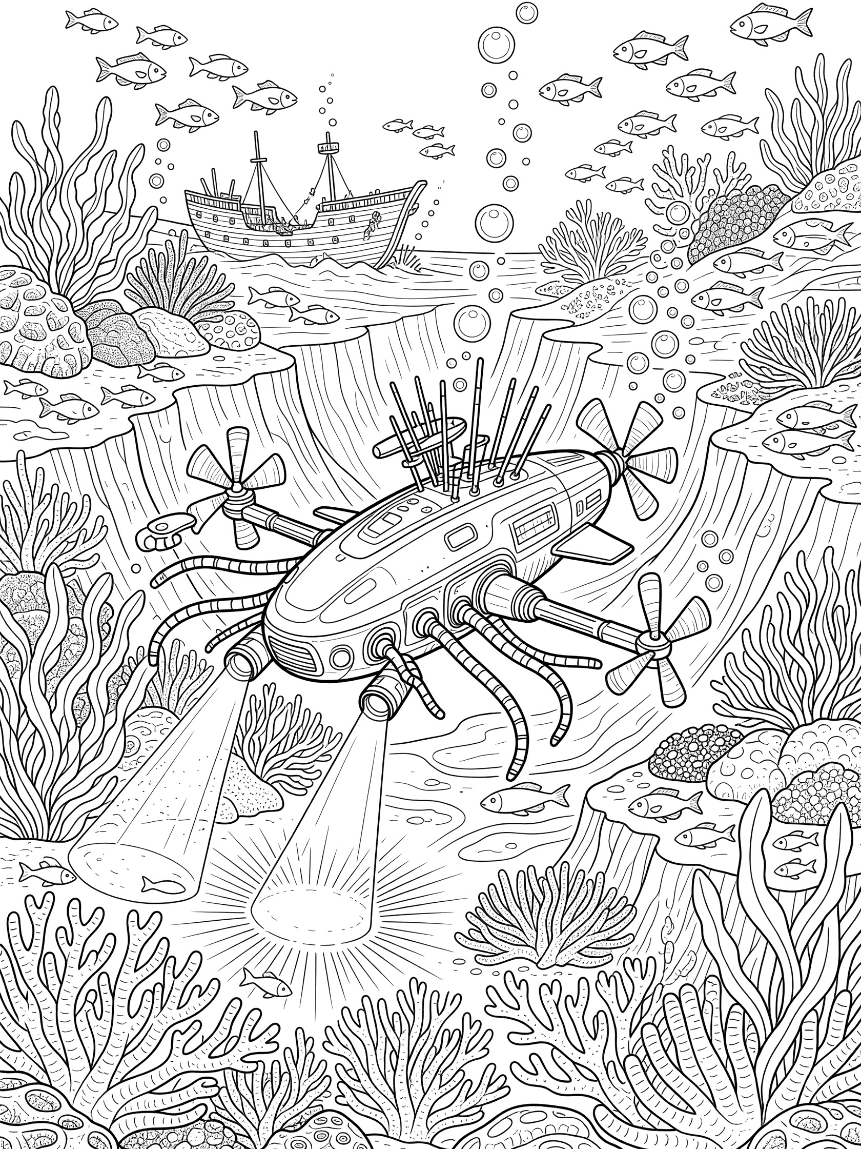 Black and white line art of a military ocean patrol drone with propellers, sensor arms, and spotlights exploring seafloor amid coral, fish, seaweed, bubbles, and distant shipwreck.
