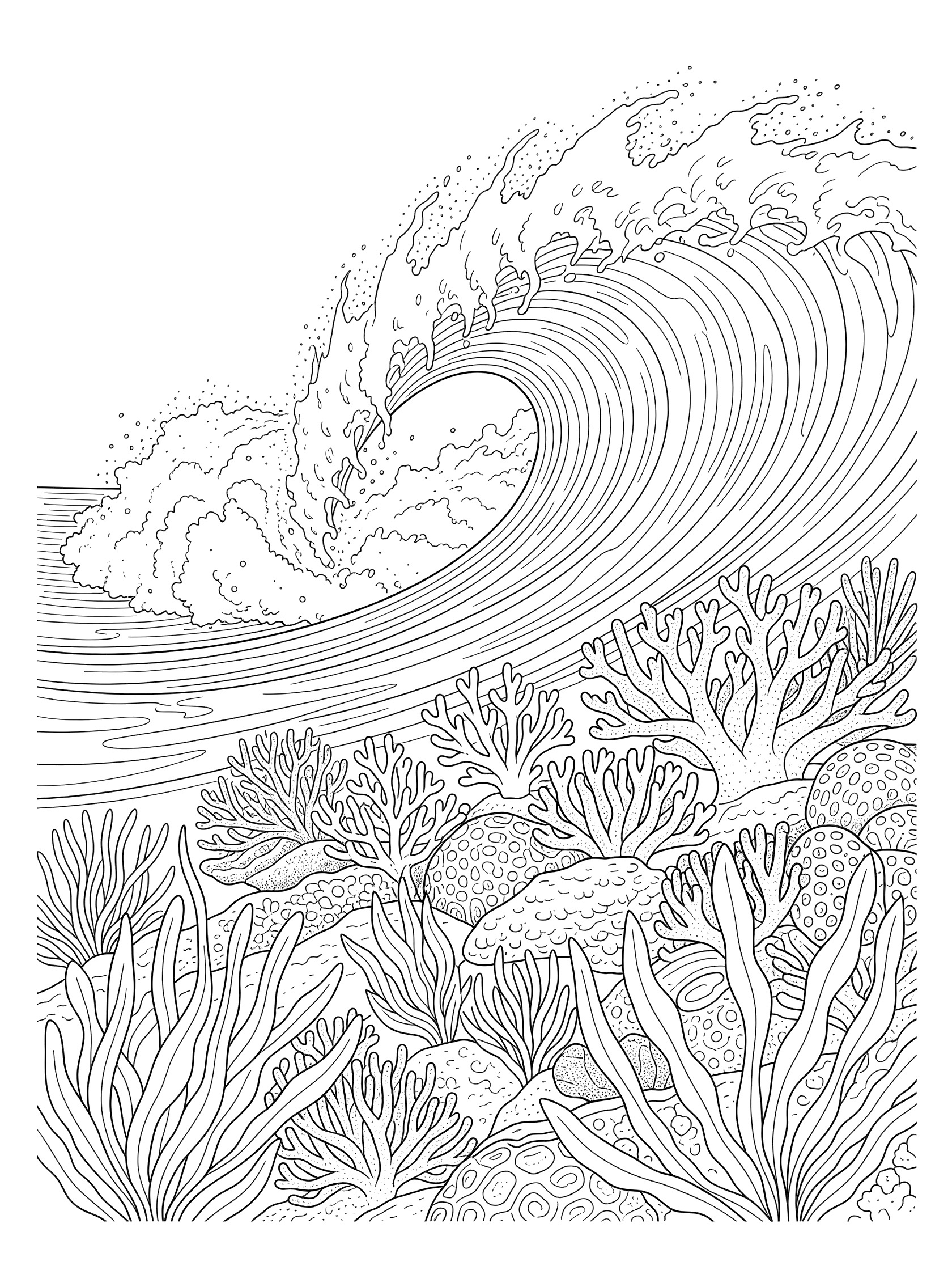Black and white line art coloring page showing a tall curling ocean wave with foam crashing over a reef of branching corals and rocks. Teahupo'o themed black and white printable line art