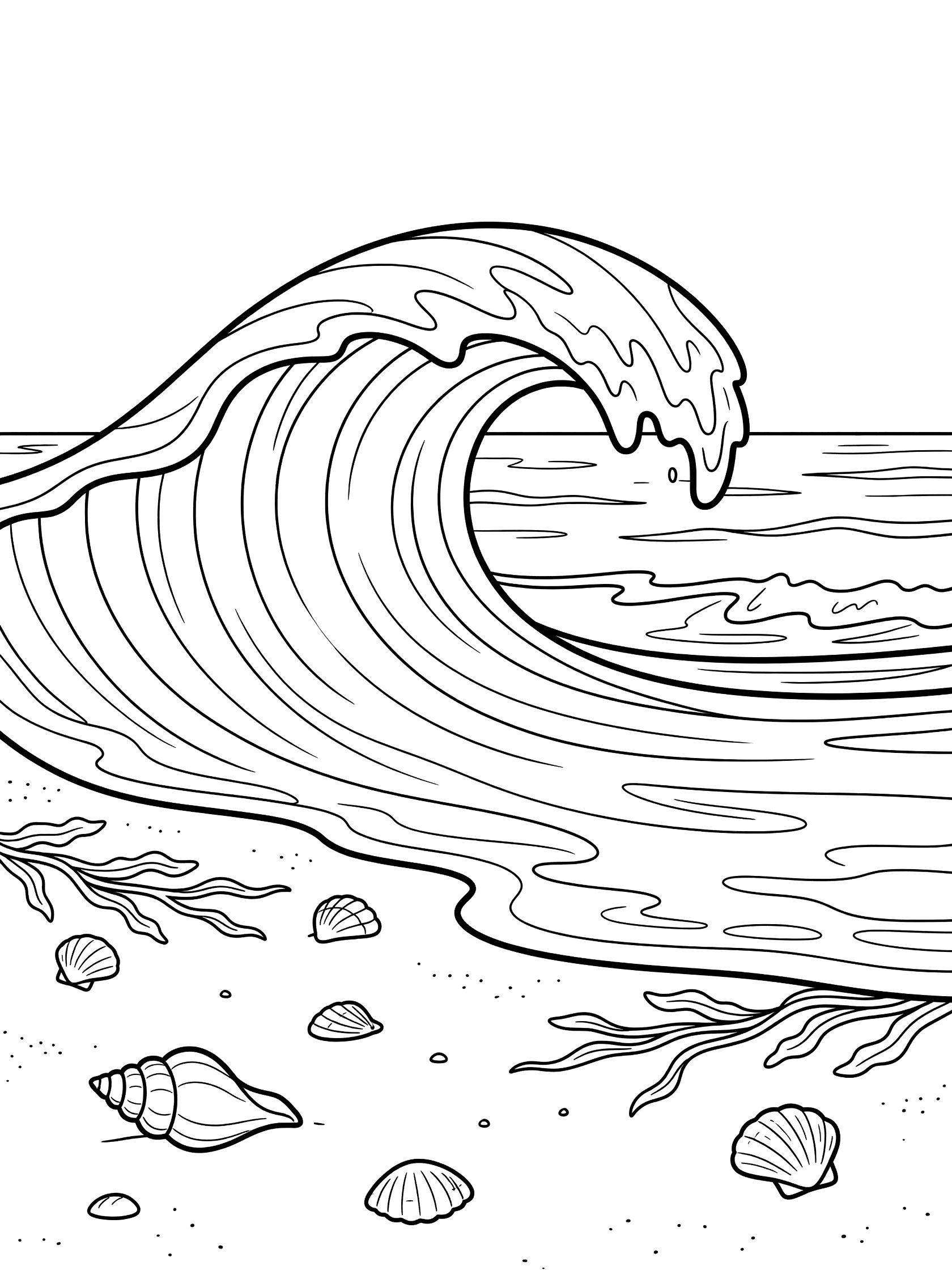 Black and white line art coloring page showing a large curling ocean wave rolling to a sandy beach with scattered seashells and seaweed strands. J-Bay themed black and white printable line art