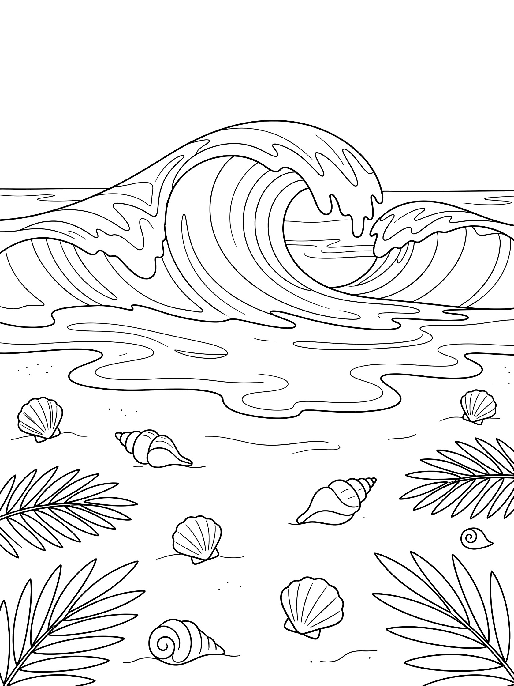 Black and white line art coloring page showing a tall curling ocean wave breaking on a beach with scattered seashells and palm leaves on the sand. Banzai Pipeline themed black and white printable line art
