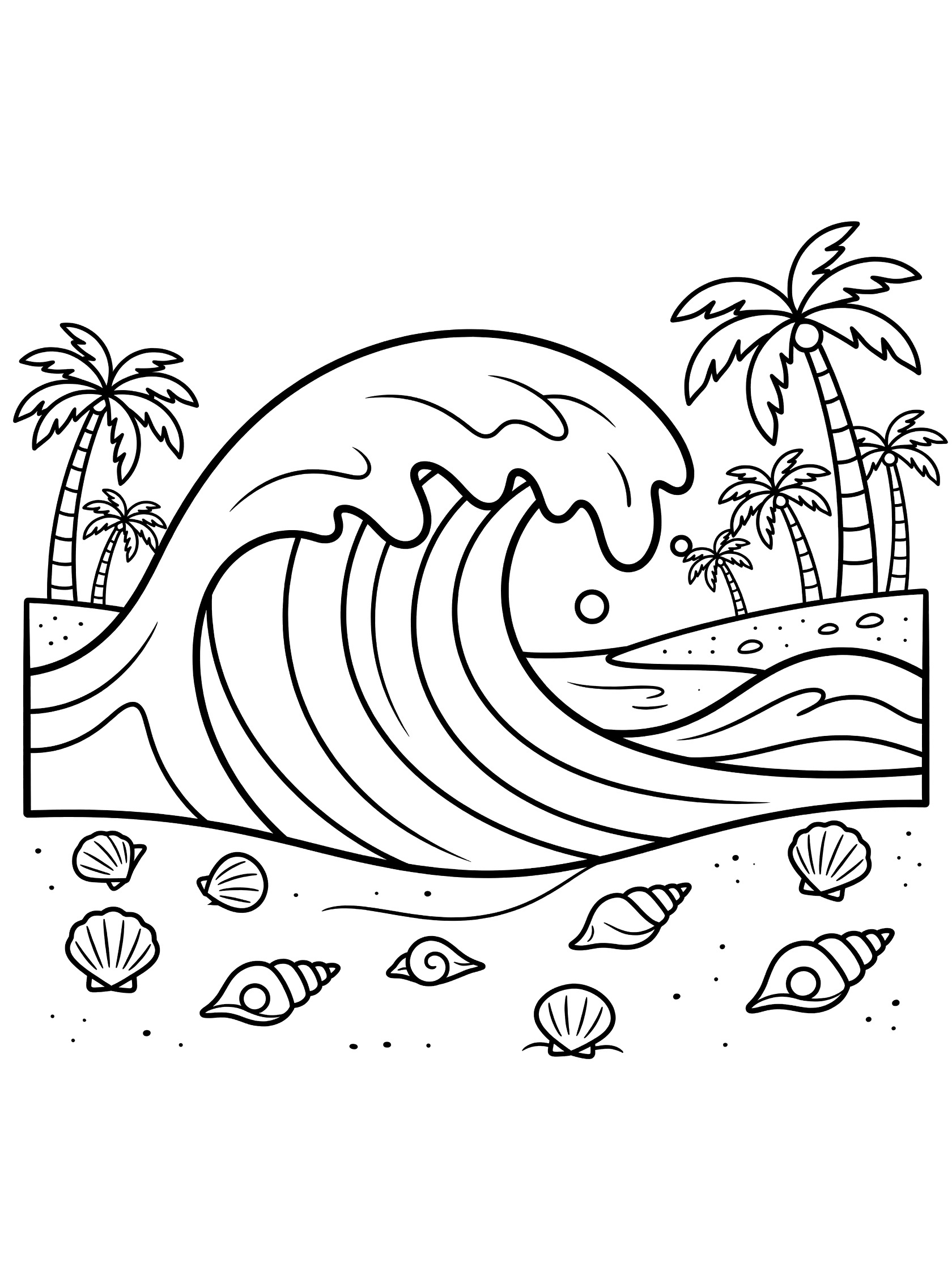 Black and white line art coloring page showing a large cartoon wave crashing onto sandy beach with scattered seashells and leaning palm trees in background. Tsunami themed black and white printable line art