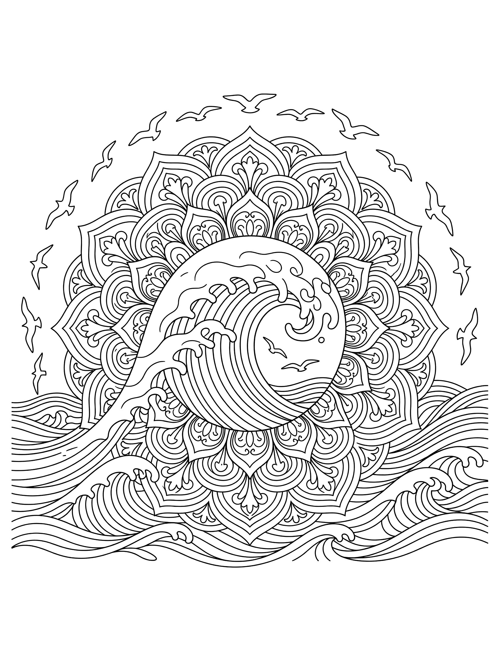 Black and white line art coloring page showing a round mandala of curling ocean waves at the center with seagulls flying around the top and wavy ocean base below. Tsunami themed black and white printable line art