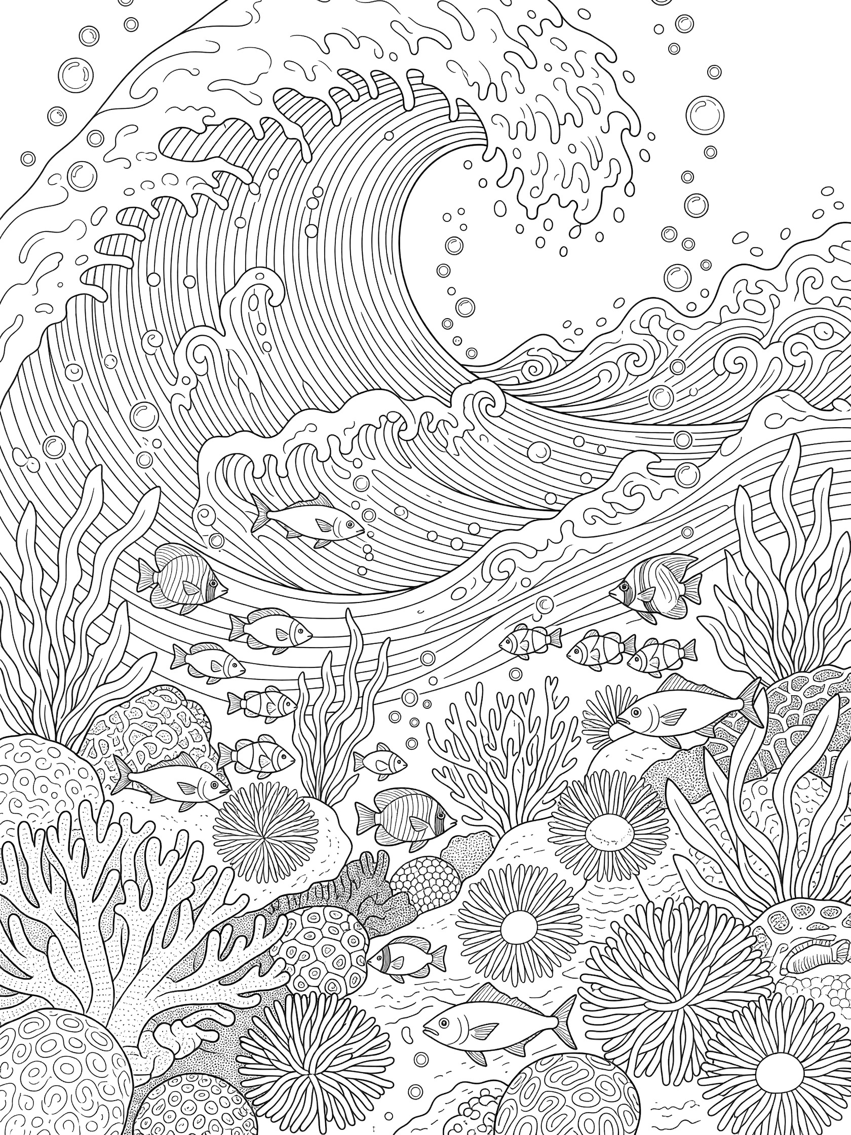 Black and white line art coloring page showing a large curling ocean wave disturbing a coral reef underwater, with fish swimming away, seaweed swaying, and bubbles floating up. Tsunami themed black and white printable line art