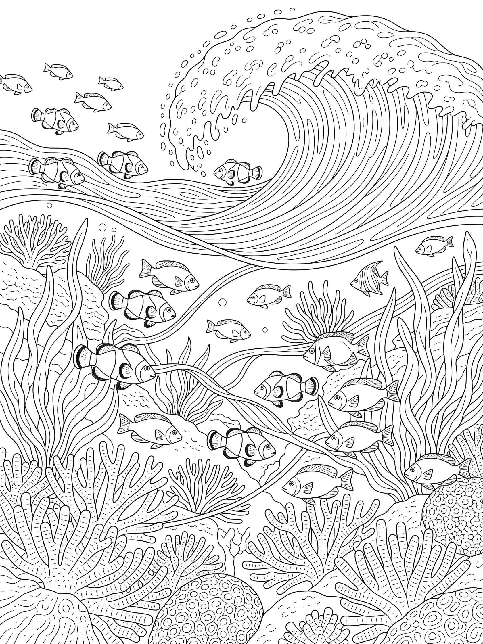 Black and white line art coloring page showing a large curling ocean wave above fish swimming near coral and seaweed underwater. Banzai Pipeline themed black and white printable line art
