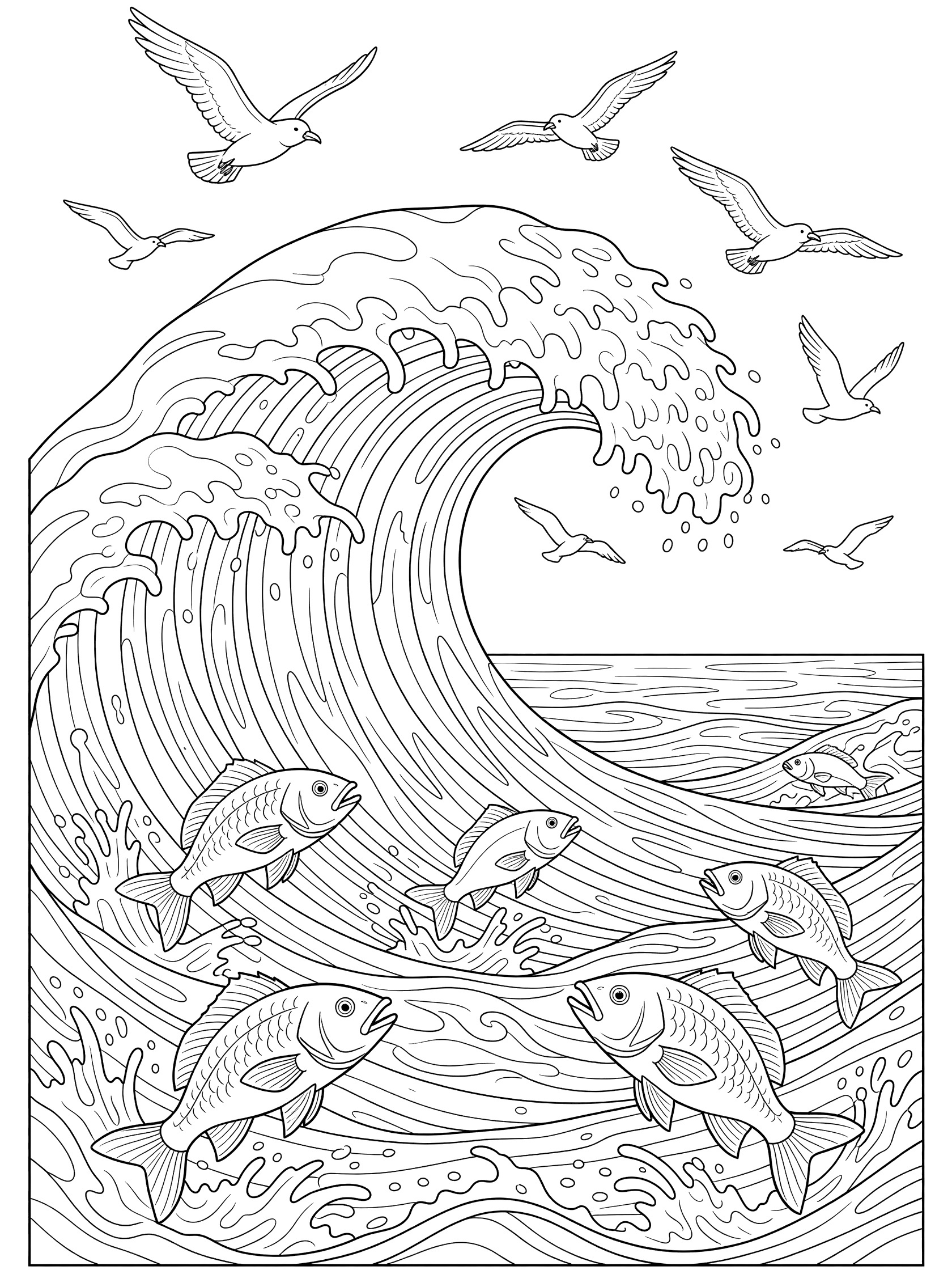 Black and white line art coloring page showing a large curling ocean wave, seagulls circling in the sky, and fish leaping out of the water below. Tsunami themed black and white printable line art