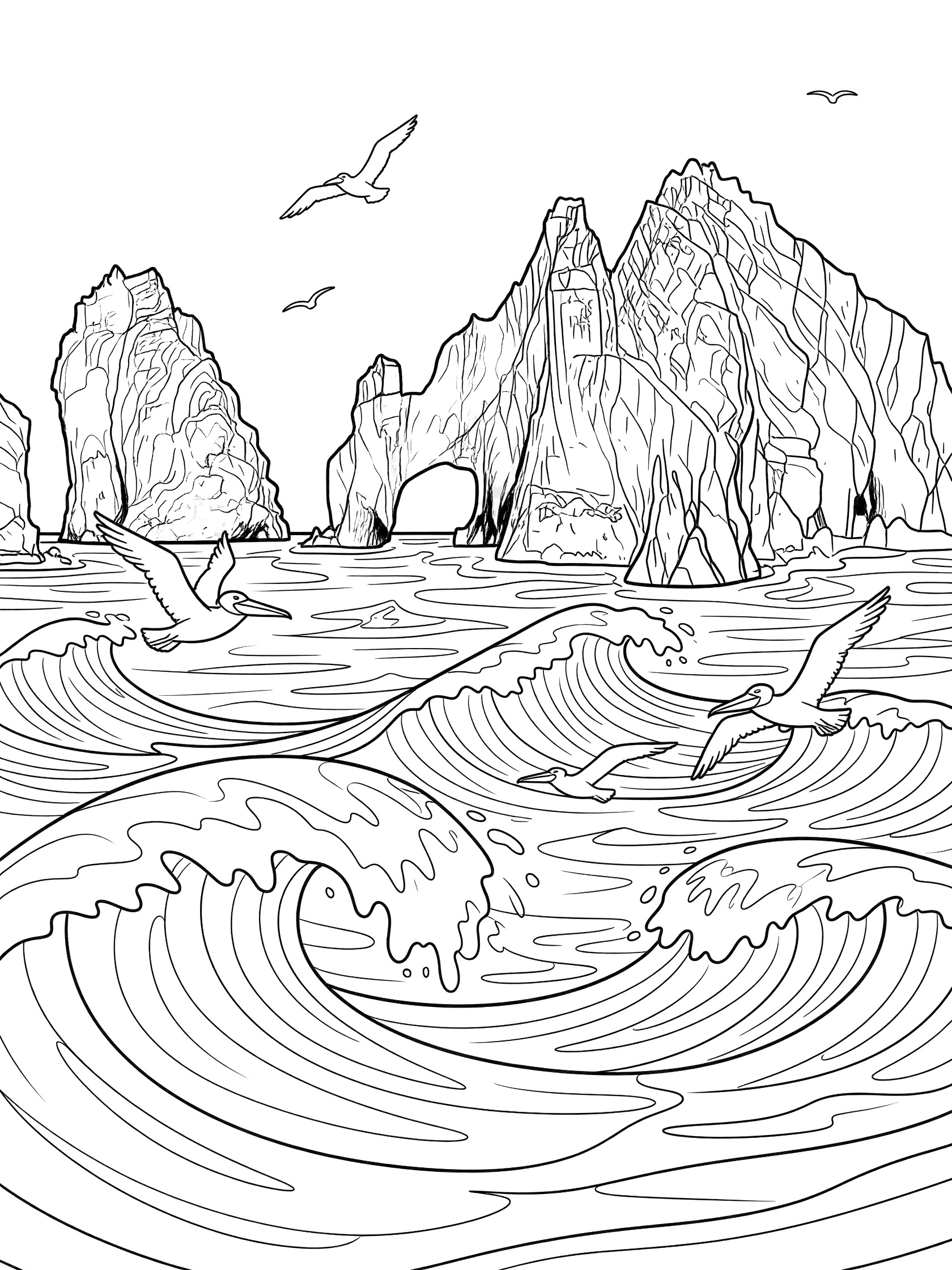 Black and white line drawing of tall rocky sea arch with waves crashing below and seabirds flying around, coloring book style. Cabo San Lucas themed black and white printable line art