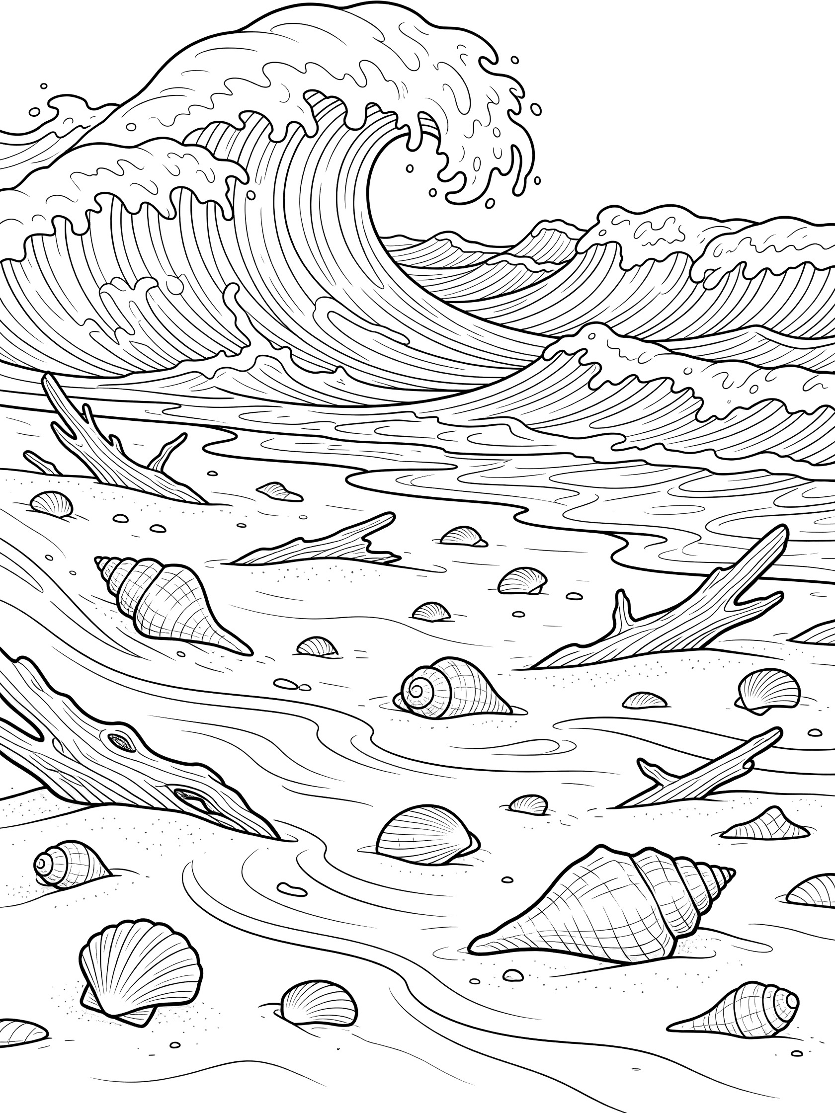 Black and white line art coloring page showing large crashing ocean waves in the background with seashells and pieces of driftwood scattered on sandy beach foreground. Hurricane themed black and white printable line art