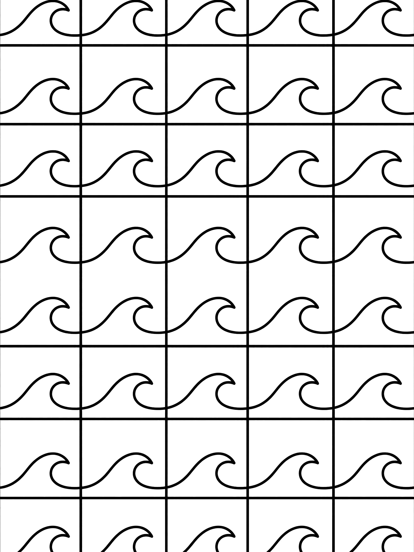 Black and white line art coloring page showing a grid of tessellated wavy lines forming ocean wave patterns. Squares themed black and white printable line art