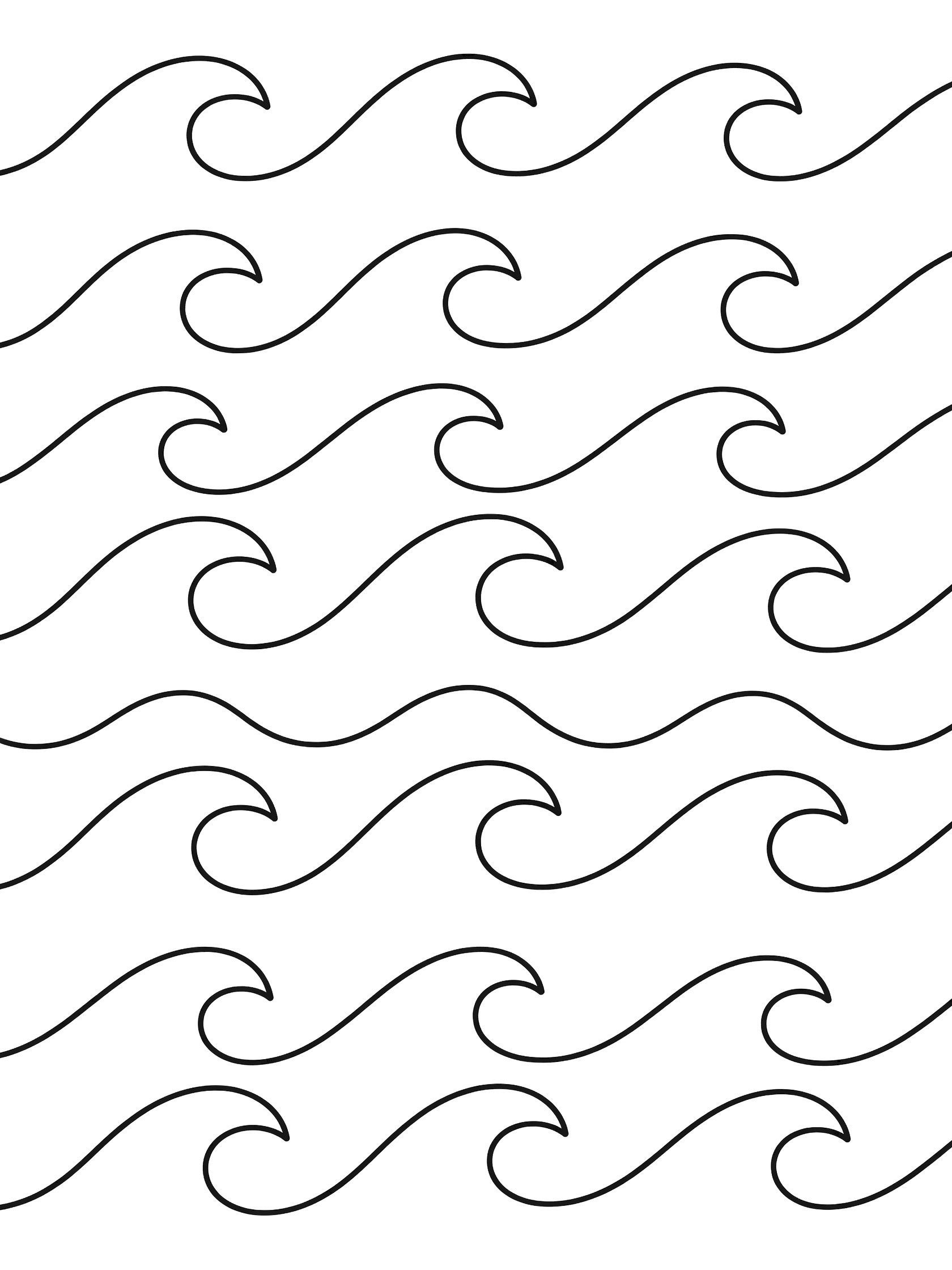 Black and white line art coloring page showing repeating horizontal ocean waves with smooth curved lines.