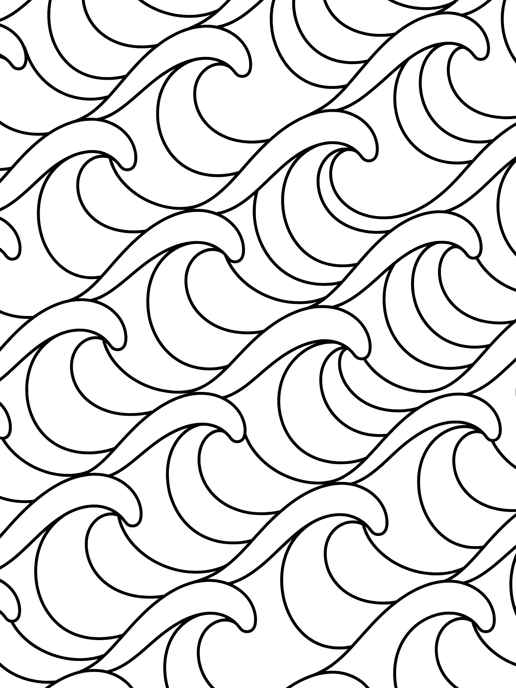 Black and white line art coloring page showing repeating undulating ocean waves made of interlocking curved U-shapes in thick bold lines on white background. Diva themed black and white printable line art