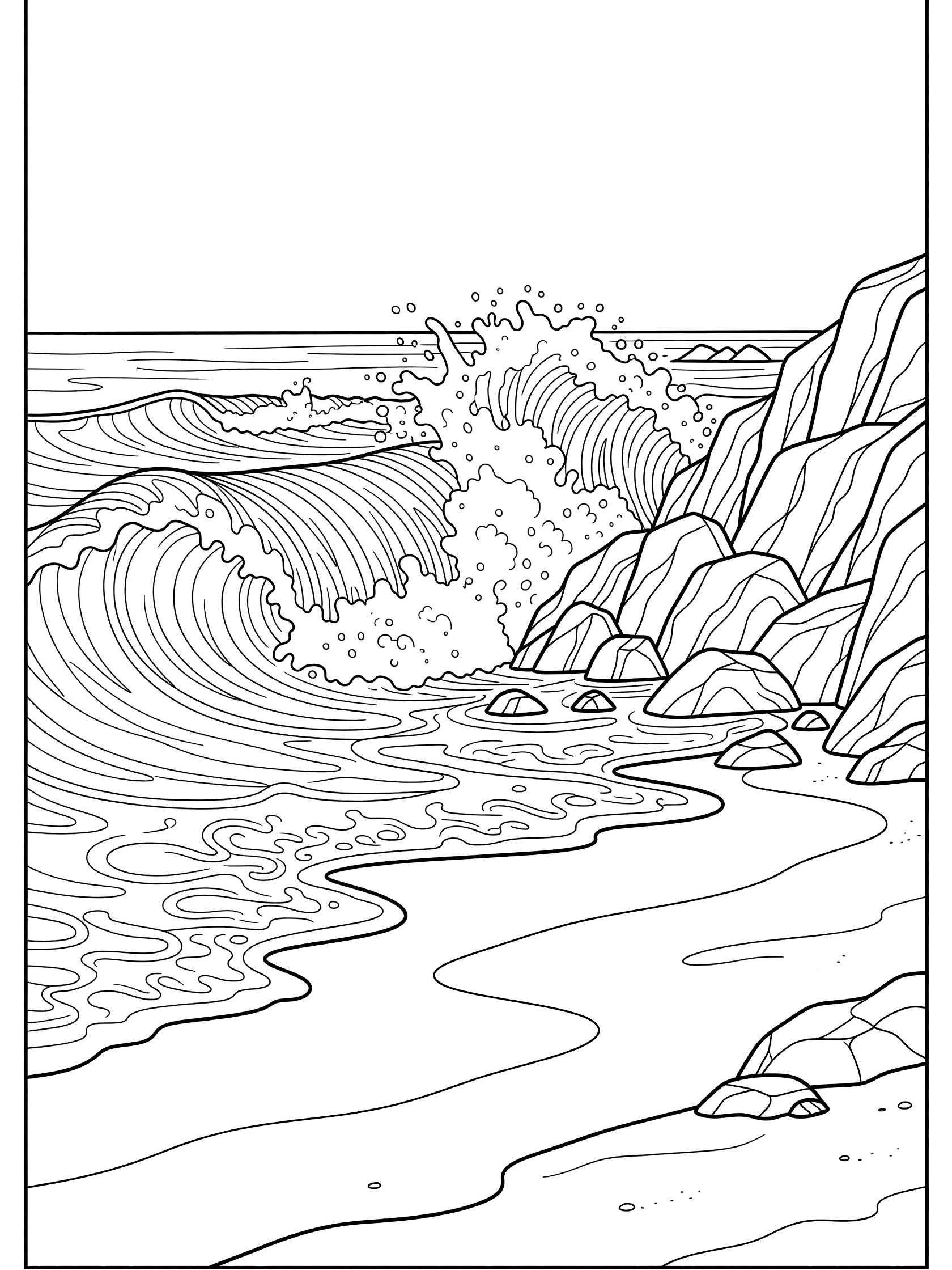 Black and white line art coloring page showing tall ocean waves crashing against rocky cliffs with foam, sandy beach, and scattered rocks. Waimea Bay themed black and white printable line art