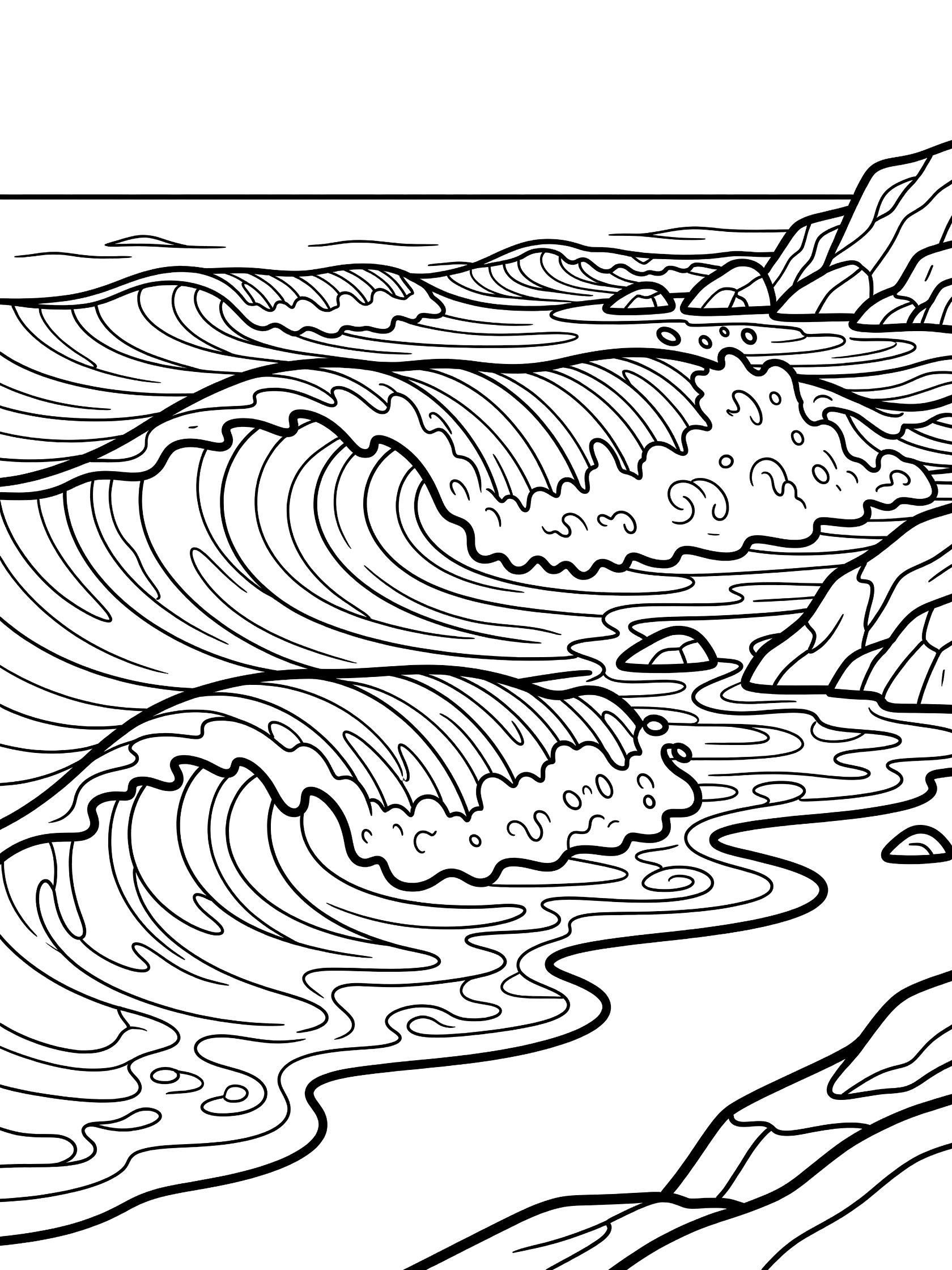 Black and white line art coloring page showing ocean waves crashing against rocks with foam and swirls. San Clemente themed black and white printable line art