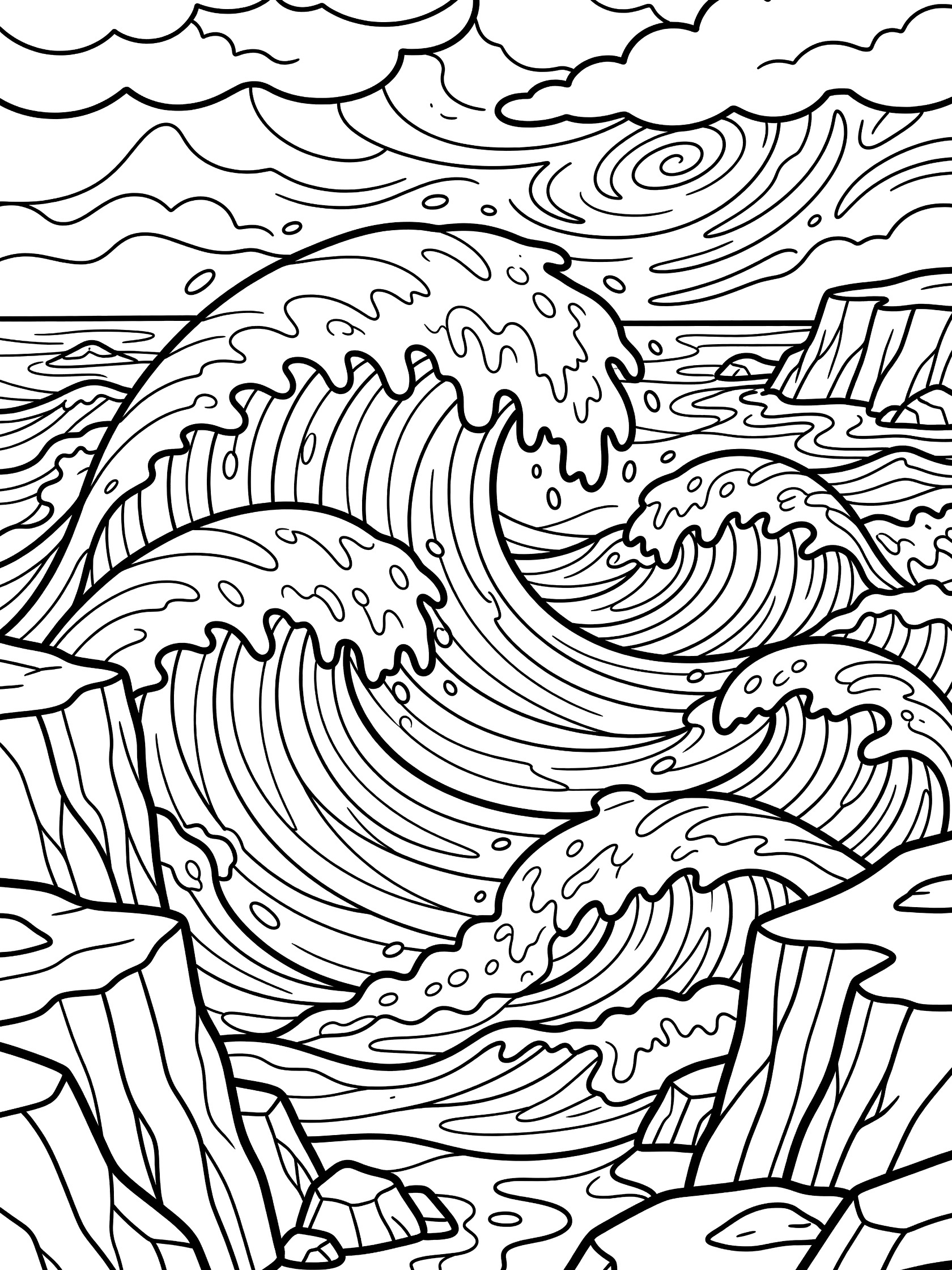 Black and white line art coloring page showing tall ocean waves with foam crashing on jagged rocky cliffs with stormy swirling clouds in the sky. Hurricane themed black and white printable line art