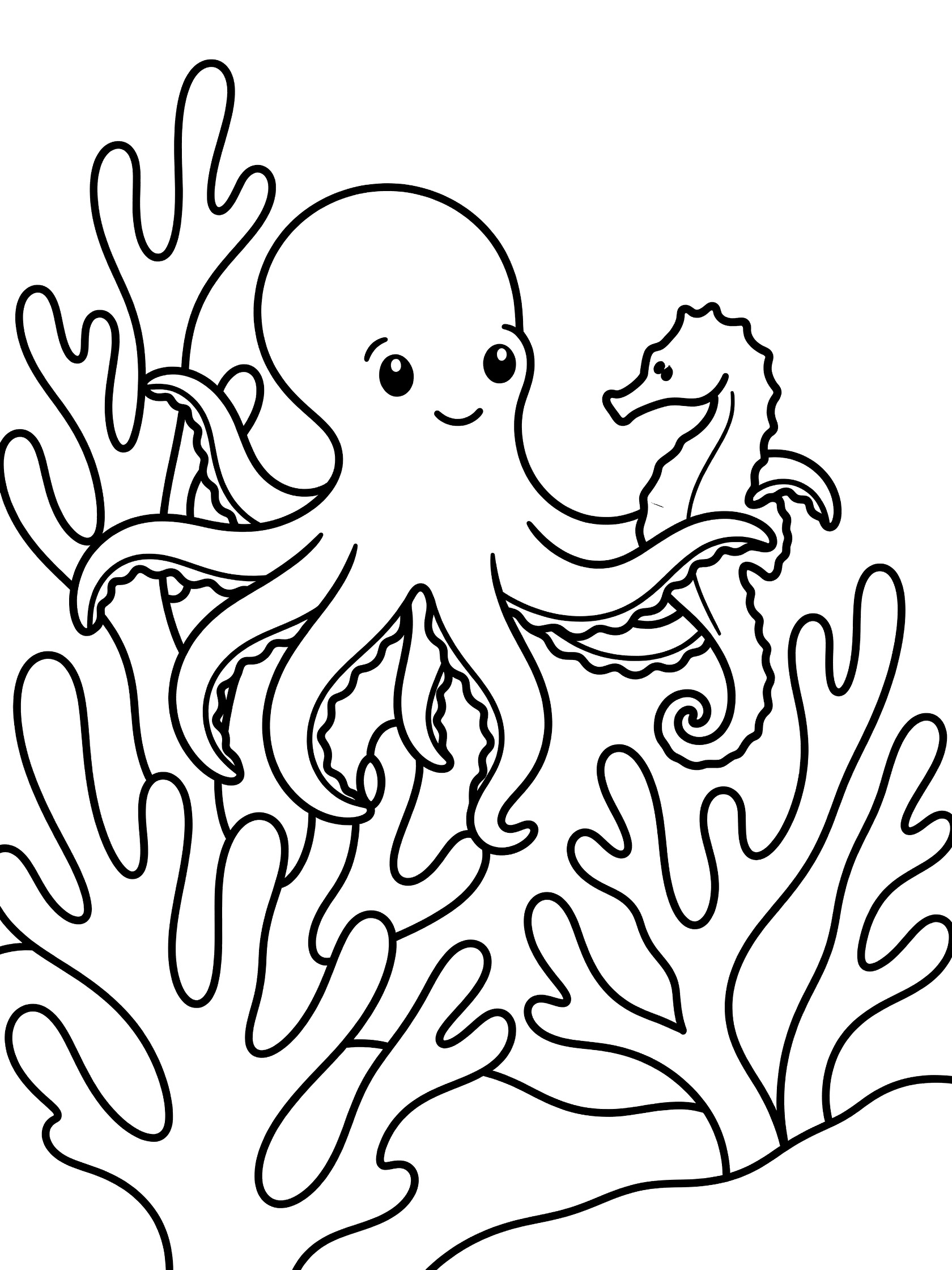 Black and white coloring page showing a smiling octopus with eight tentacles holding a curled seahorse against simple coral branches on a white background.
