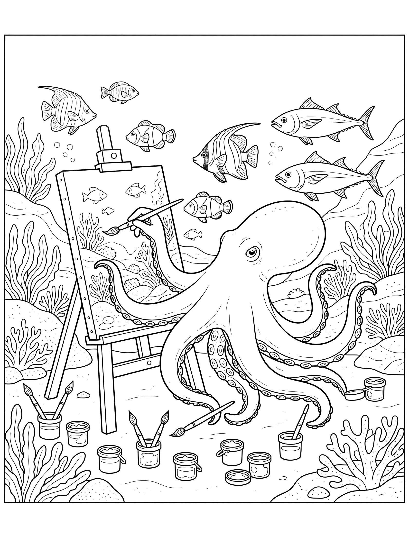 Black and white line art coloring page showing a happy octopus holding paint brushes in its tentacles, painting a picture of fish on an easel, with paint pots and seaweed on the ocean floor.