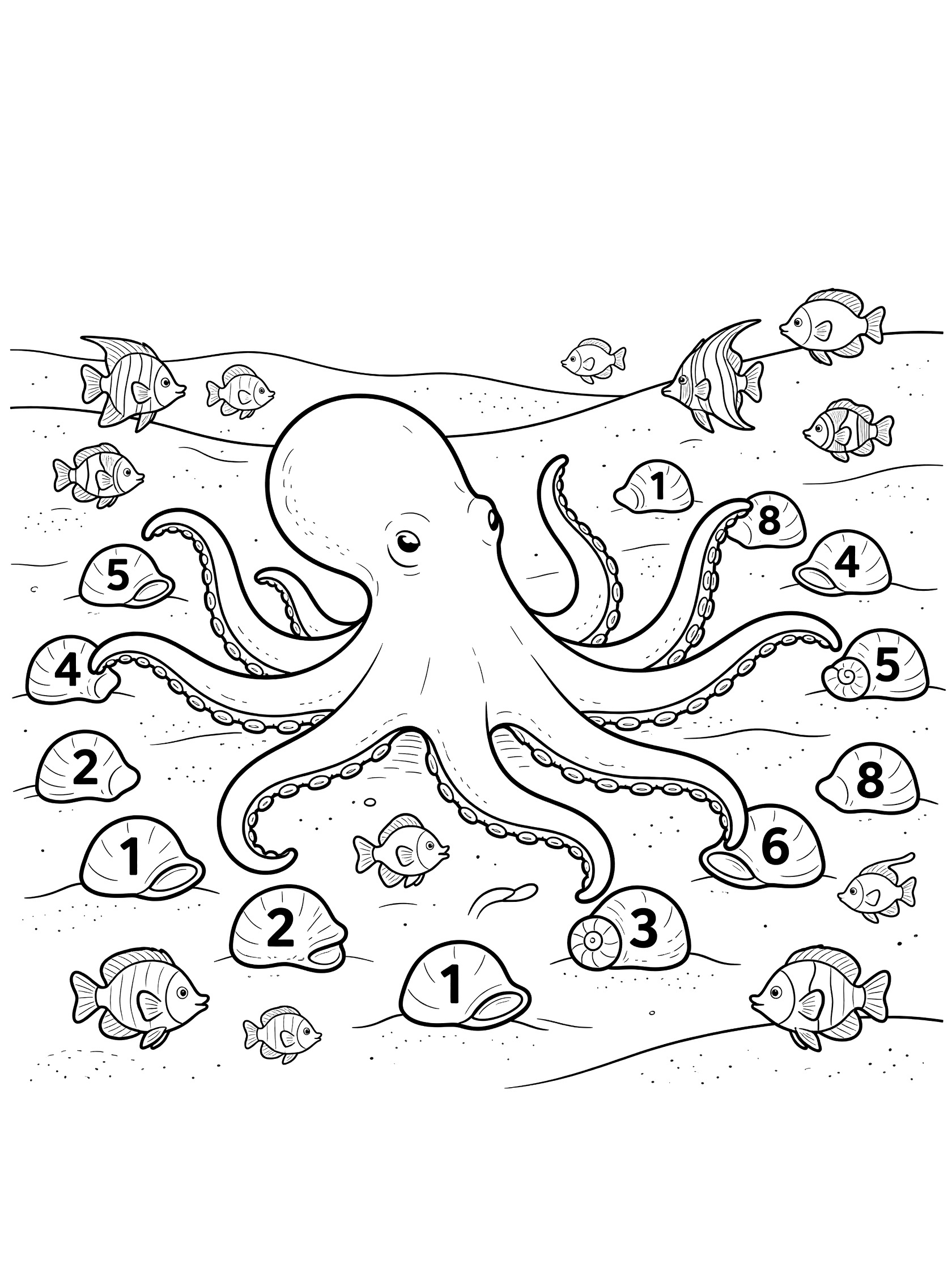 Black and white line art coloring page showing a large octopus with eight tentacles pointing to numbered shells from 1 to 8 on sandy ocean floor, surrounded by small fish.