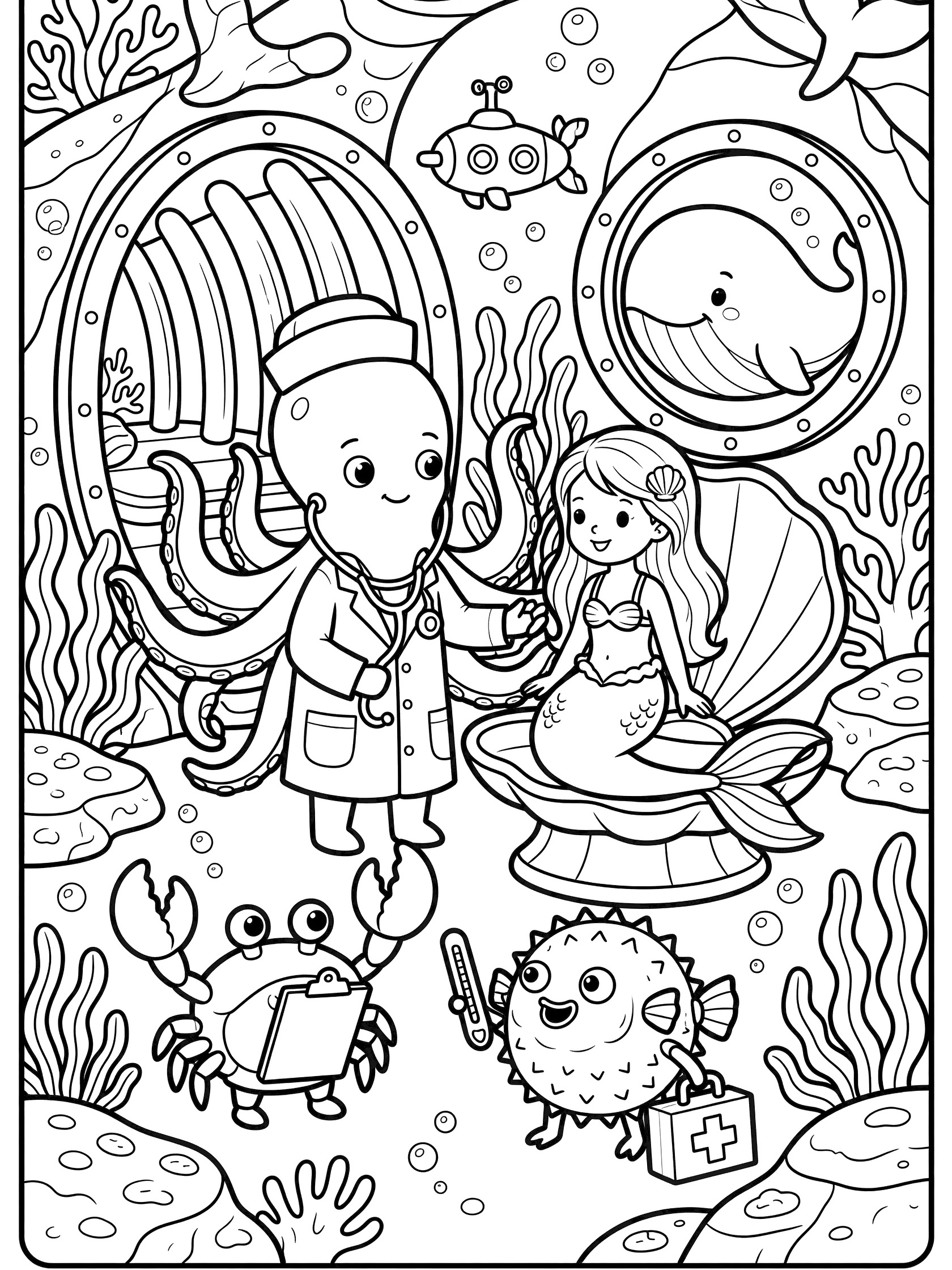 Printable coloring page showing octopus doctor clinic scene with mermaid on exam table, stethoscope checkup, crab nurse, pufferfish with first aid kit, submarine window, bold thick outlines.