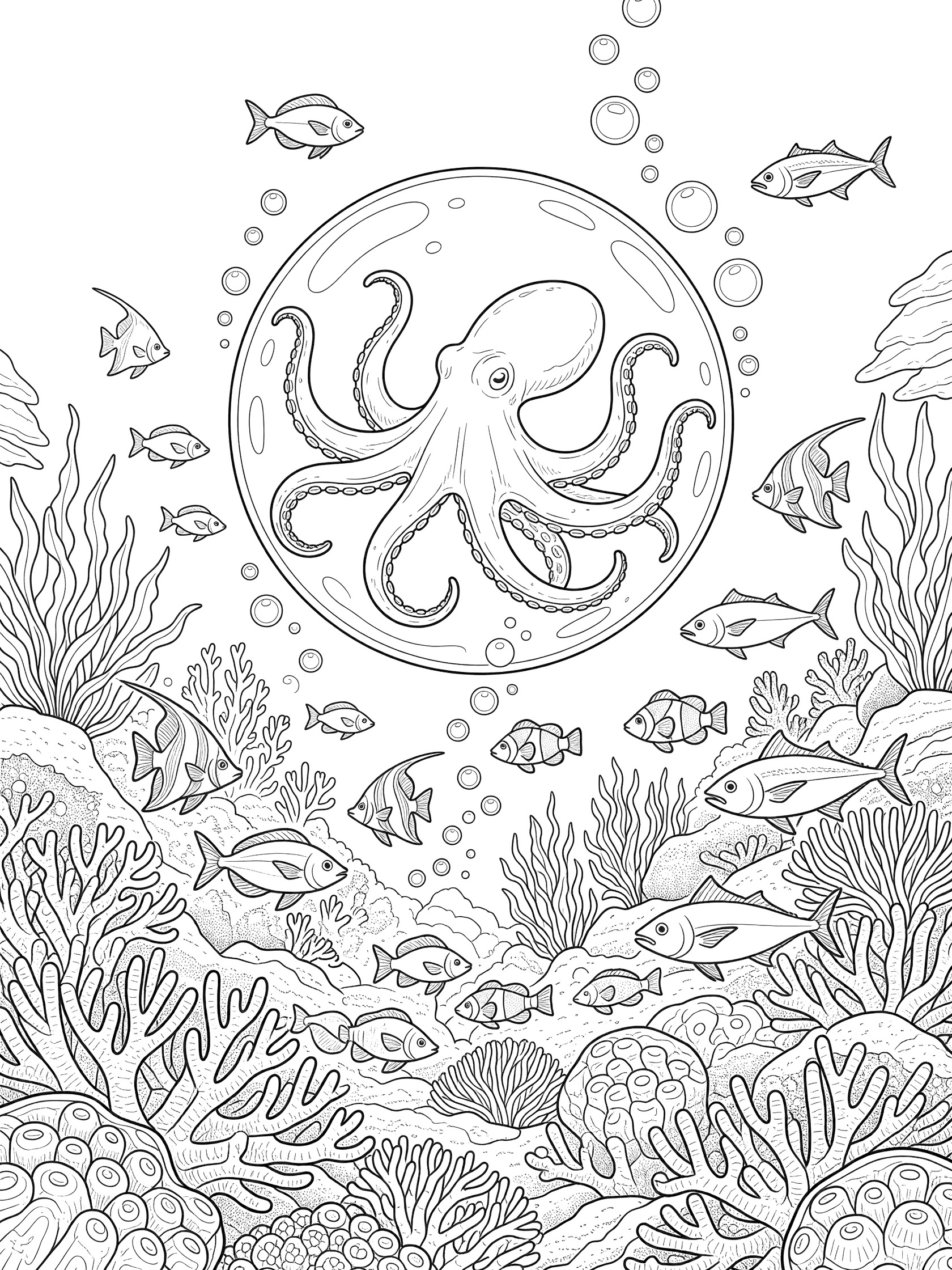 Black and white line art coloring page showing an octopus with tentacles pressed against a large bubble, surrounded by swimming fish, seaweed, and coral in the ocean.