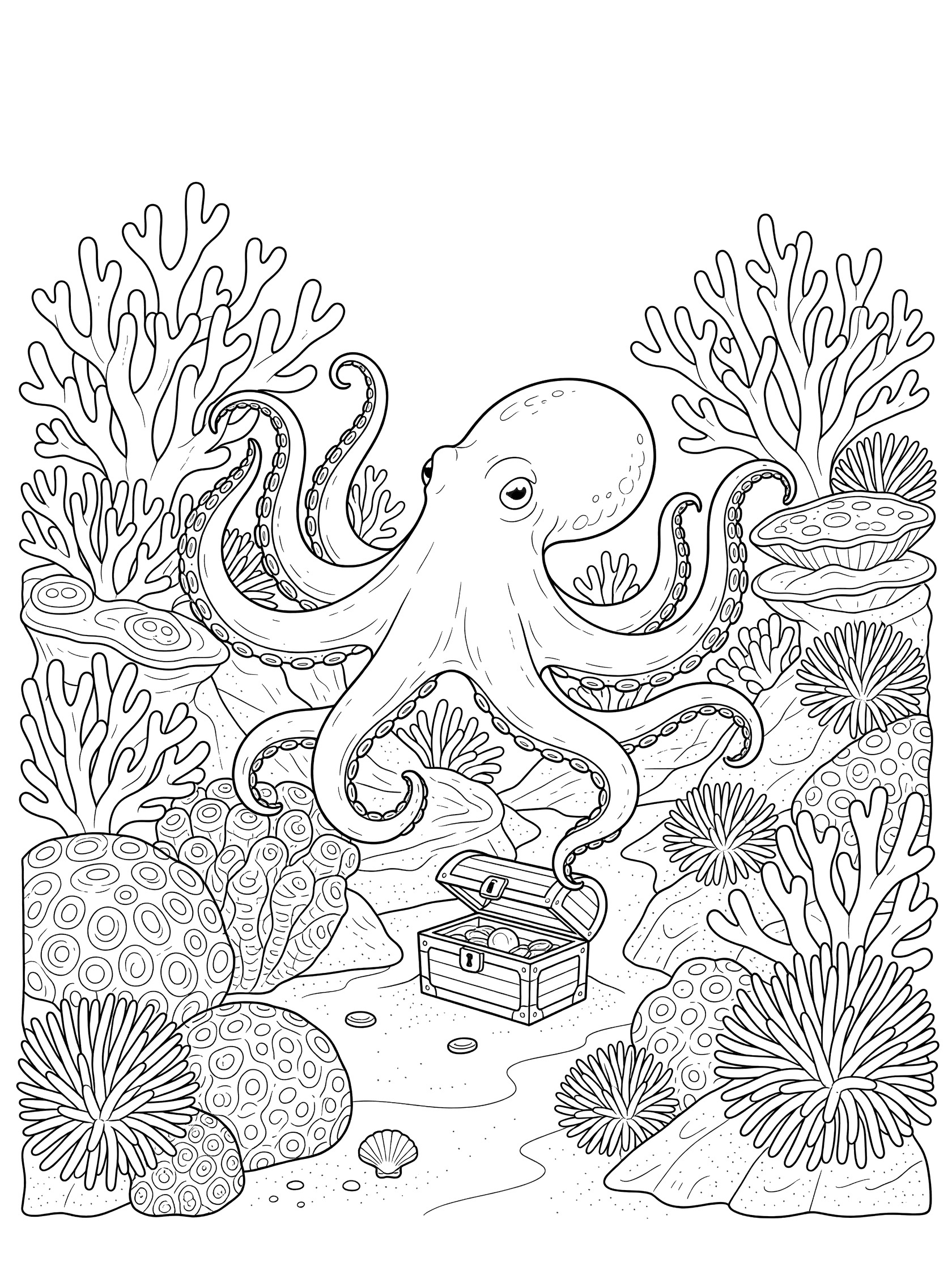 Printable coloring page showing an octopus exploring a coral reef with tentacles touching corals and anemones, treasure chest on sandy bottom, line art style.