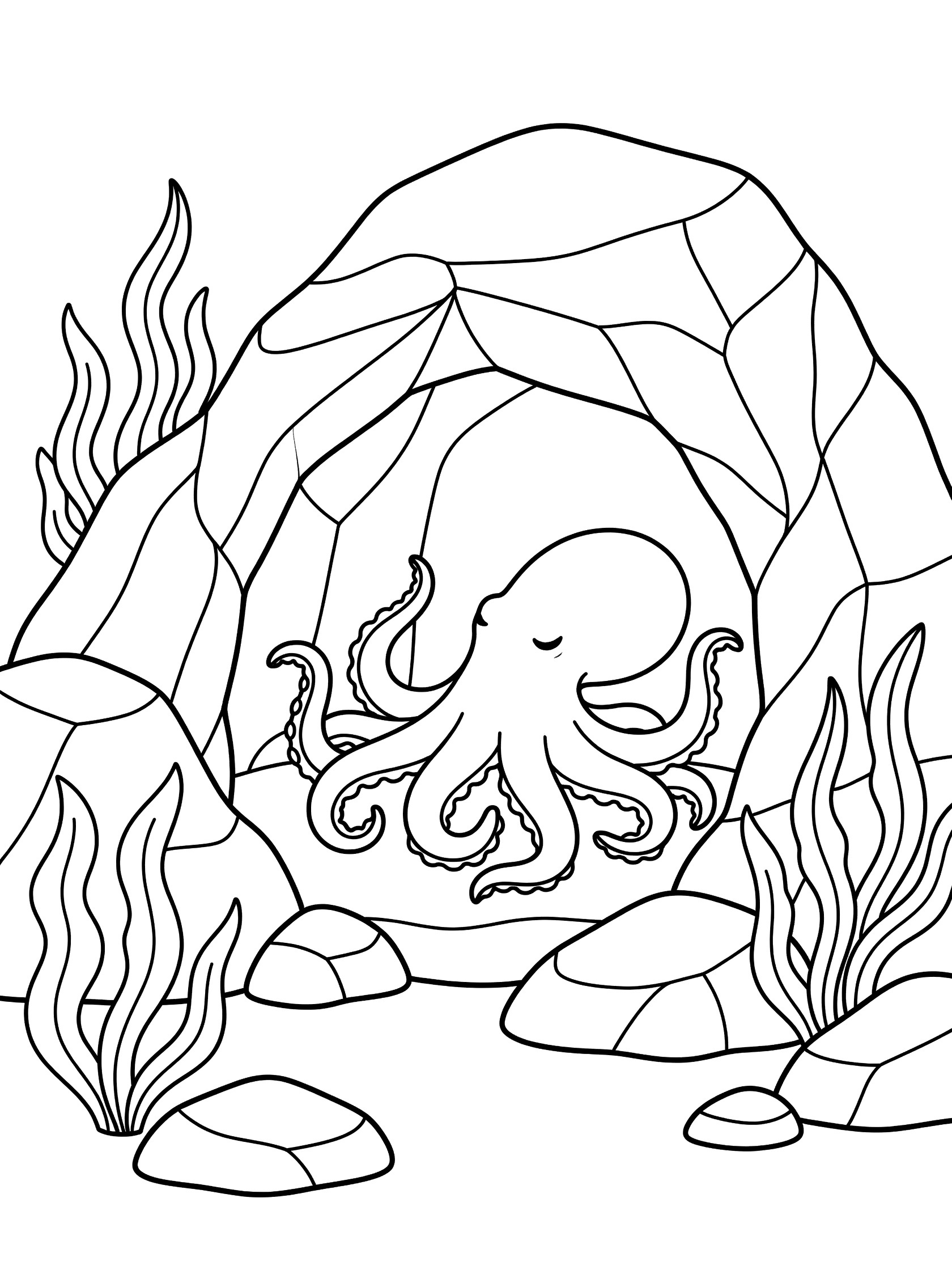 Black and white line art coloring page showing an octopus curled up inside a rocky sea cave with seaweed outside and small rocks on the sea floor.