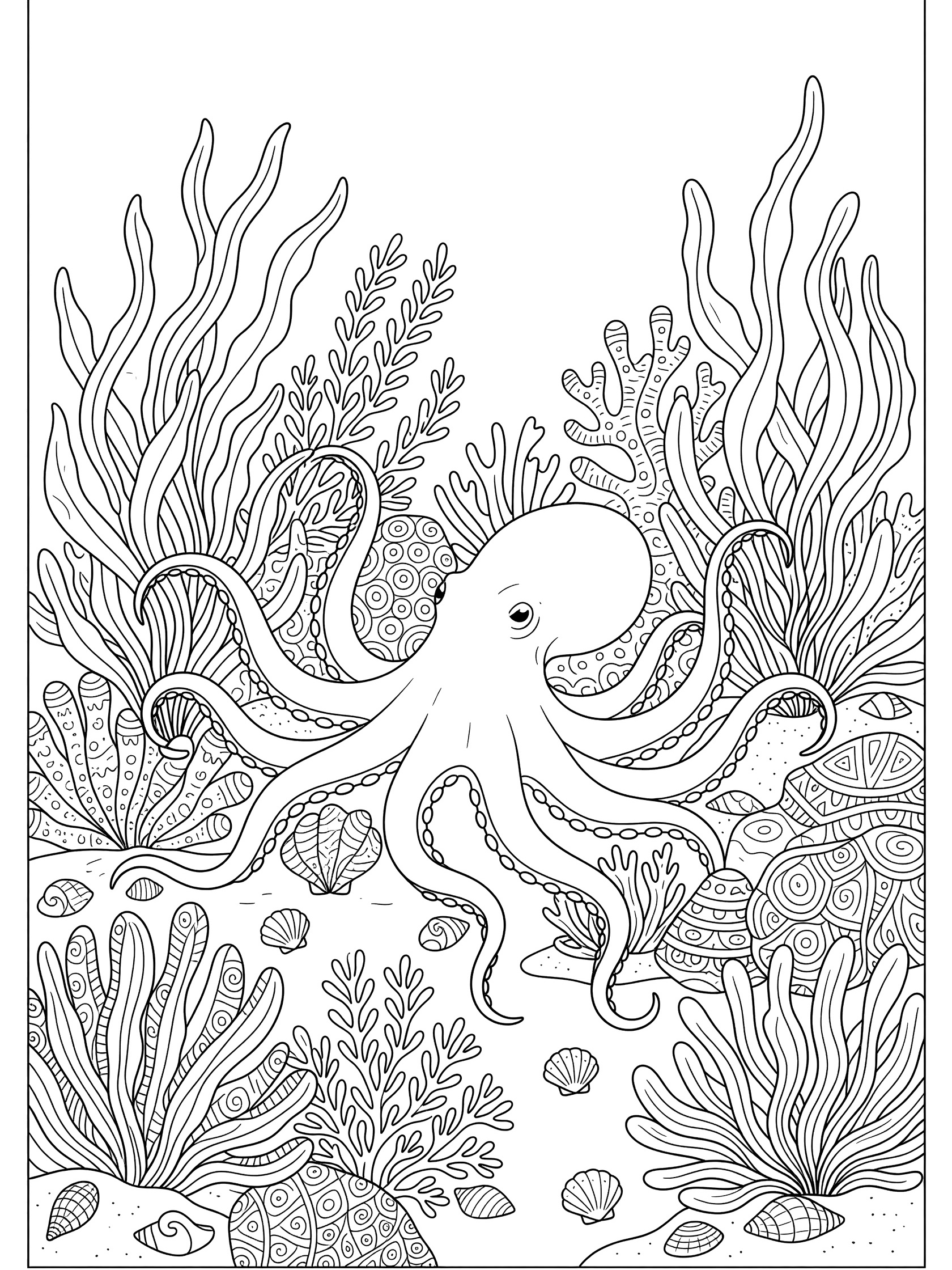 Black and white line art coloring page showing an octopus with tentacles among tall seaweed, patterned coral, and small shells on the sea floor.